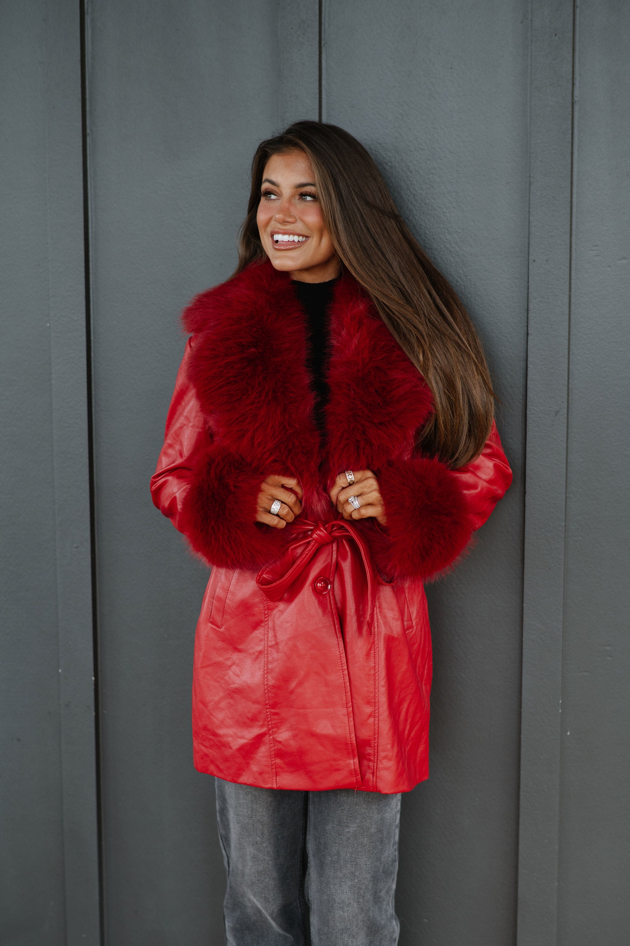 Ginny Fur Trim Coat-Red