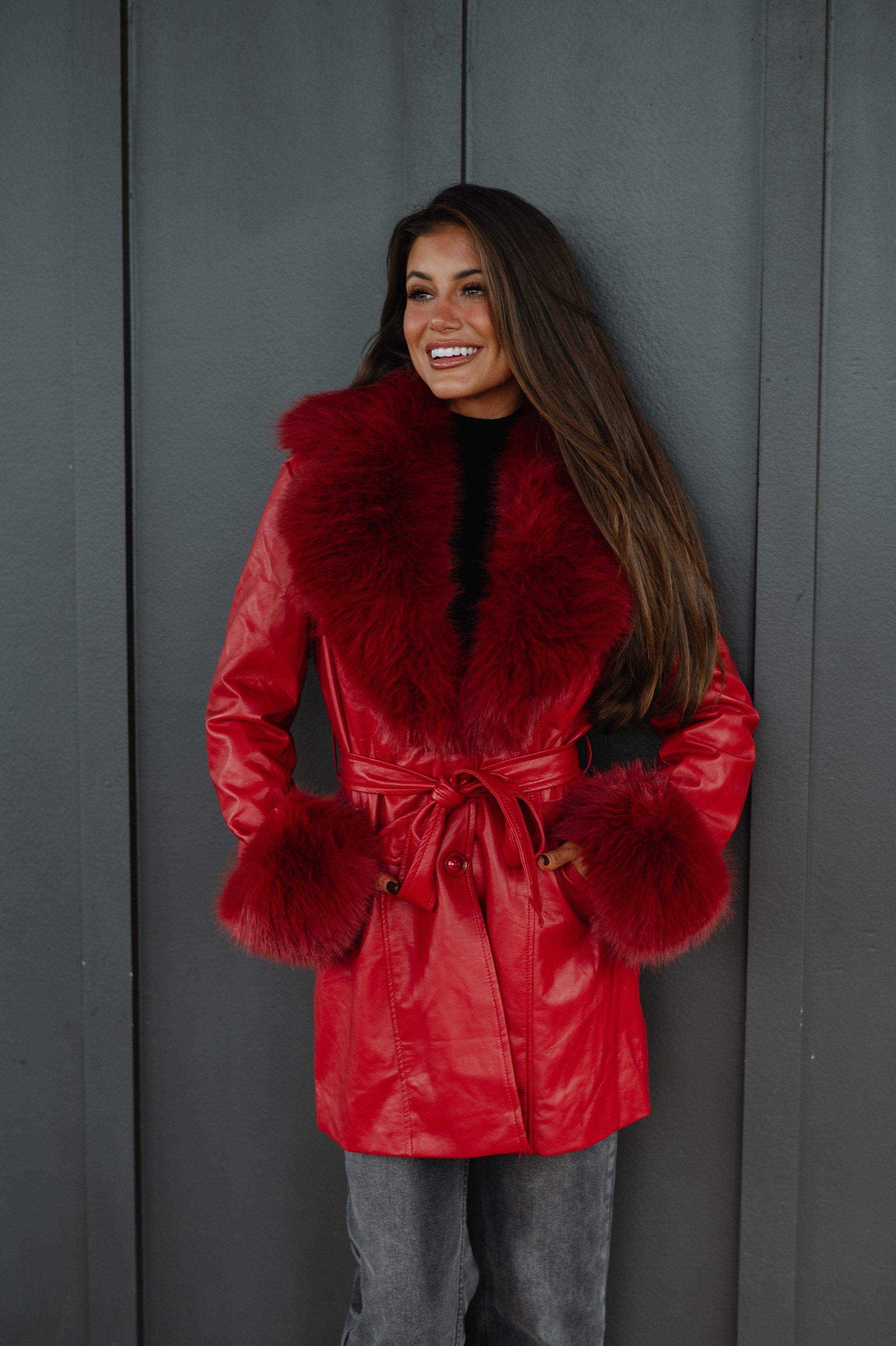 Ginny Fur Trim Coat-Red