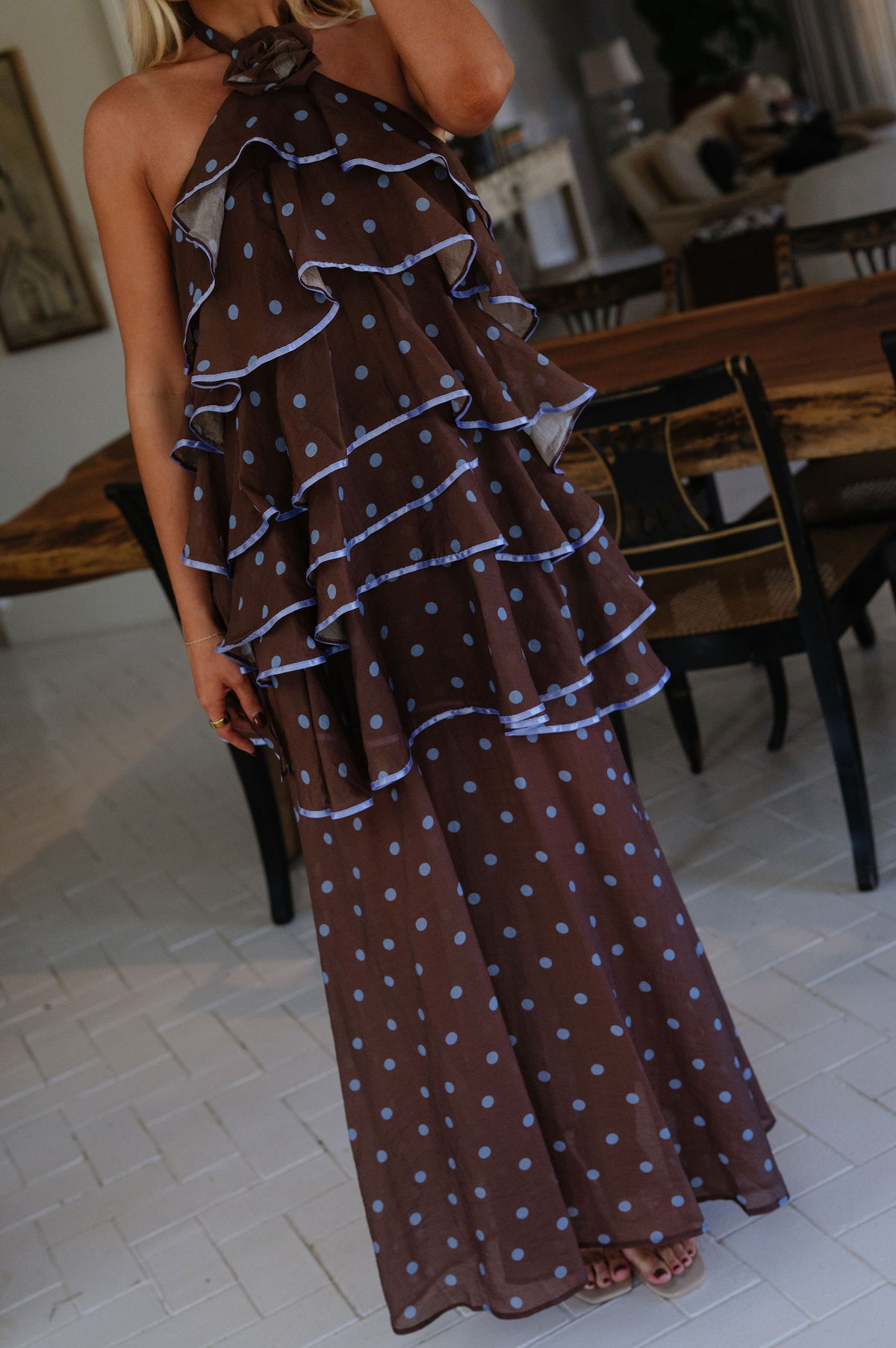 Polka Dot Tiered Halter Dress-Brown