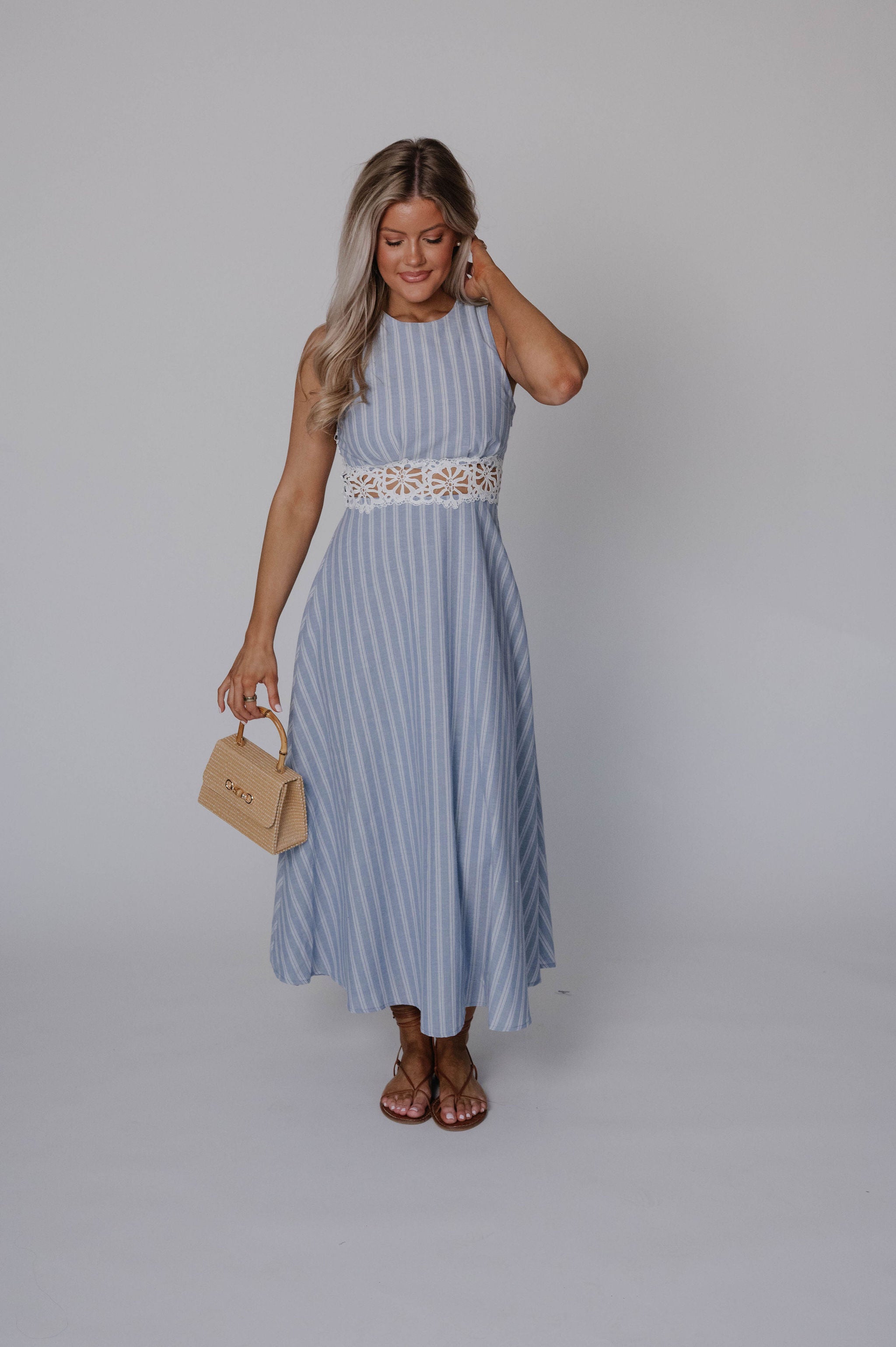 Striped Lace Trim Open Back Midi Dress-Light Blue