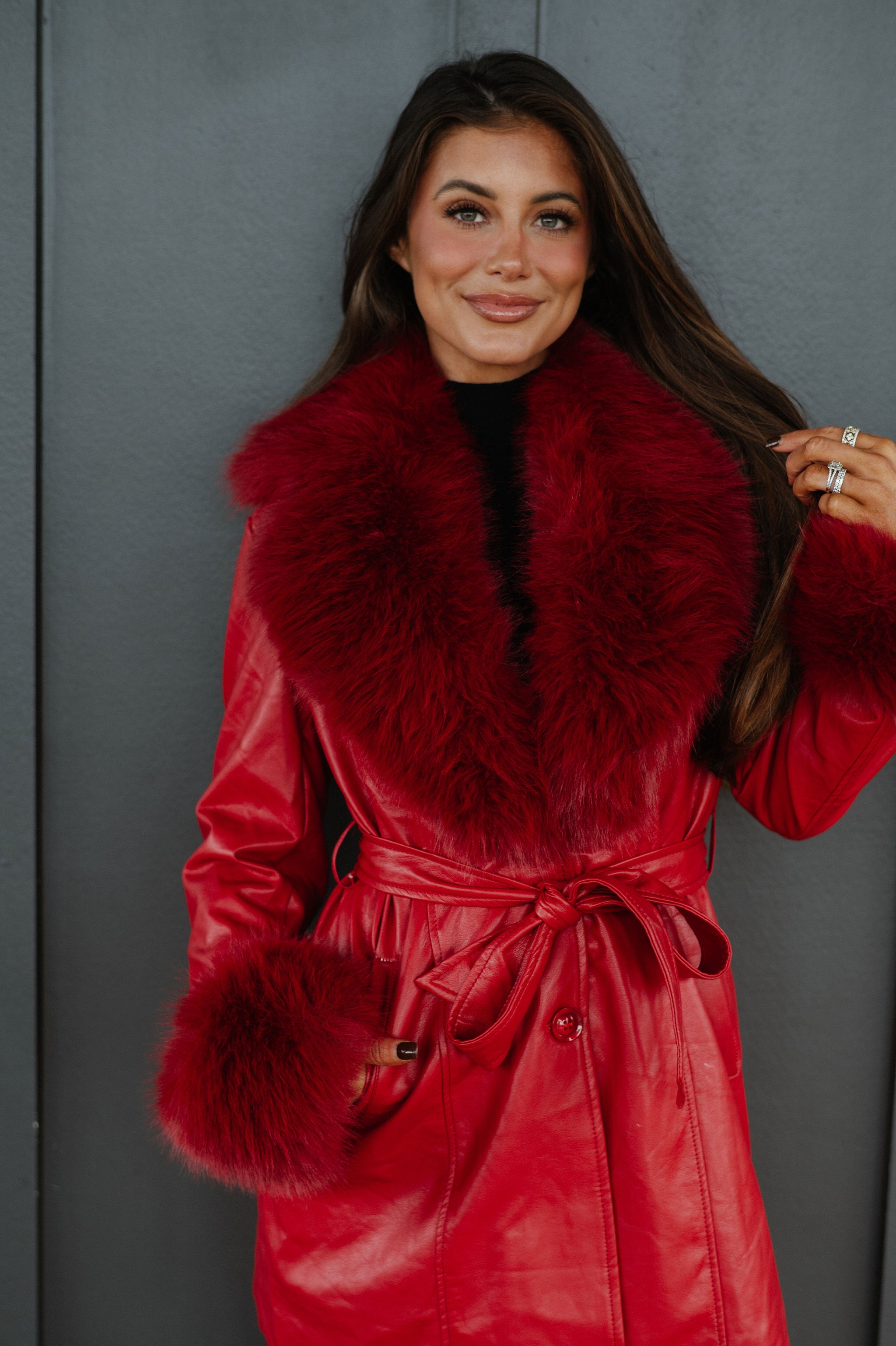 Ginny Fur Trim Coat-Red