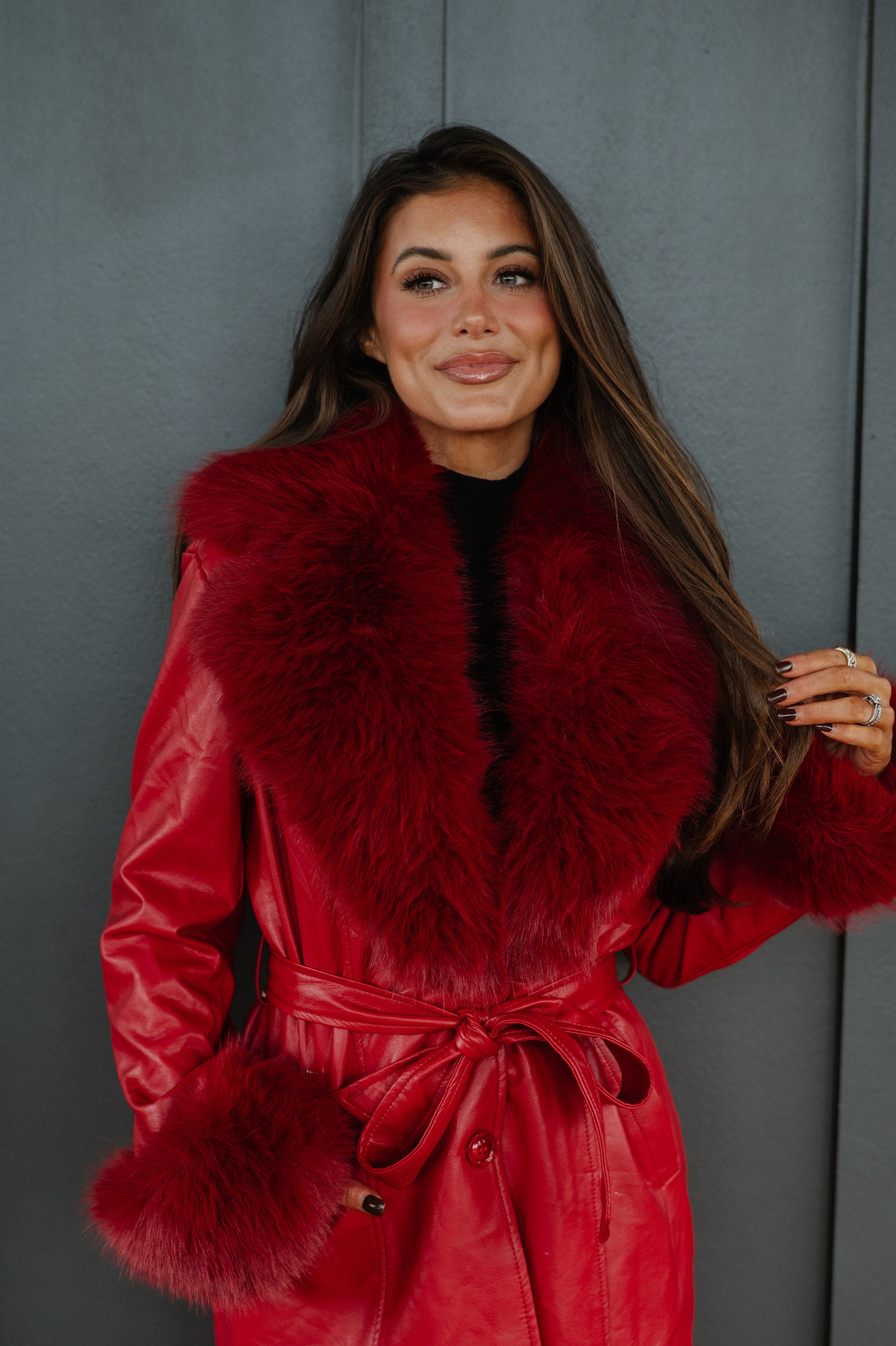 Ginny Fur Trim Coat-Red