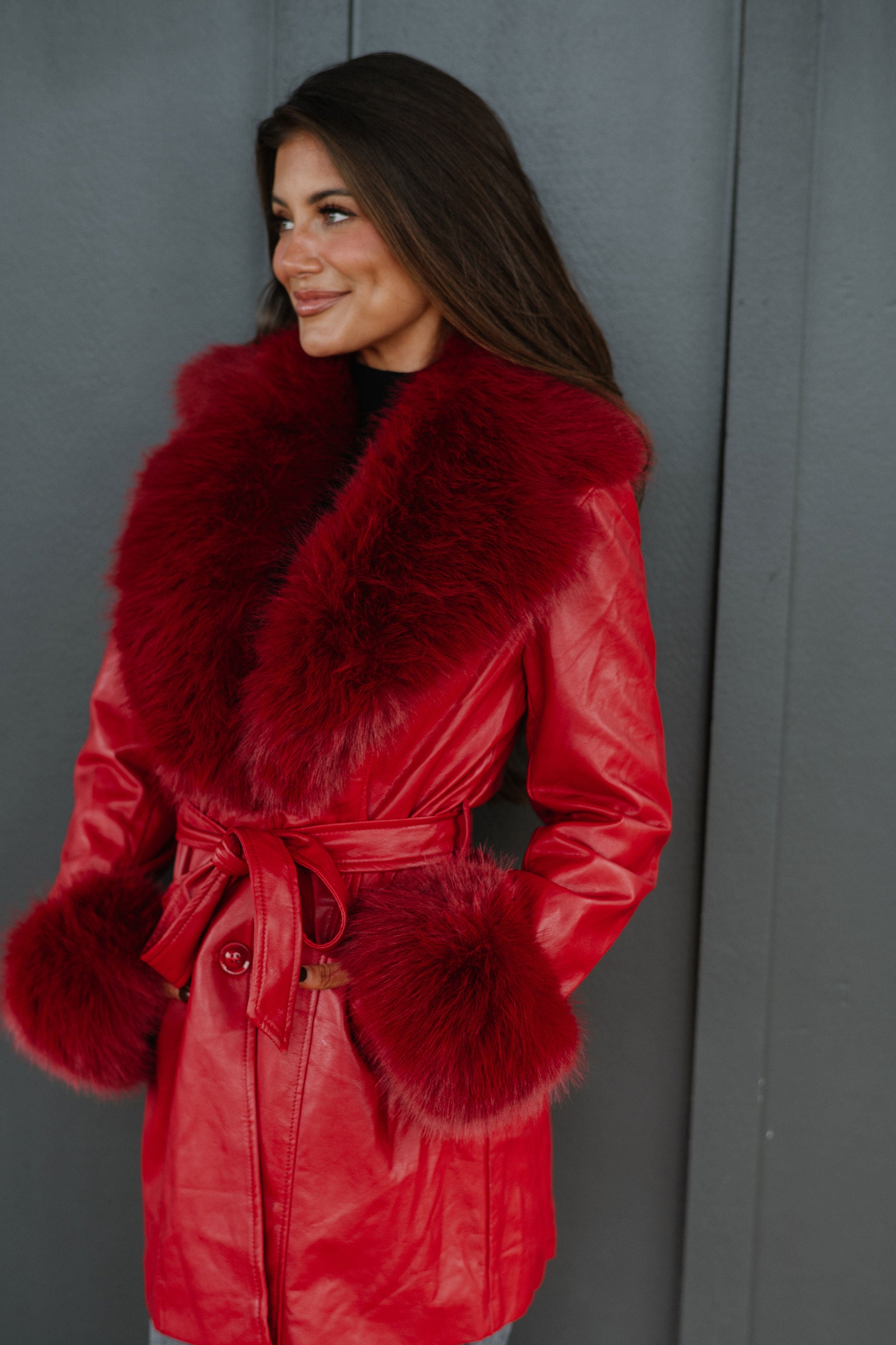 Ginny Fur Trim Coat-Red