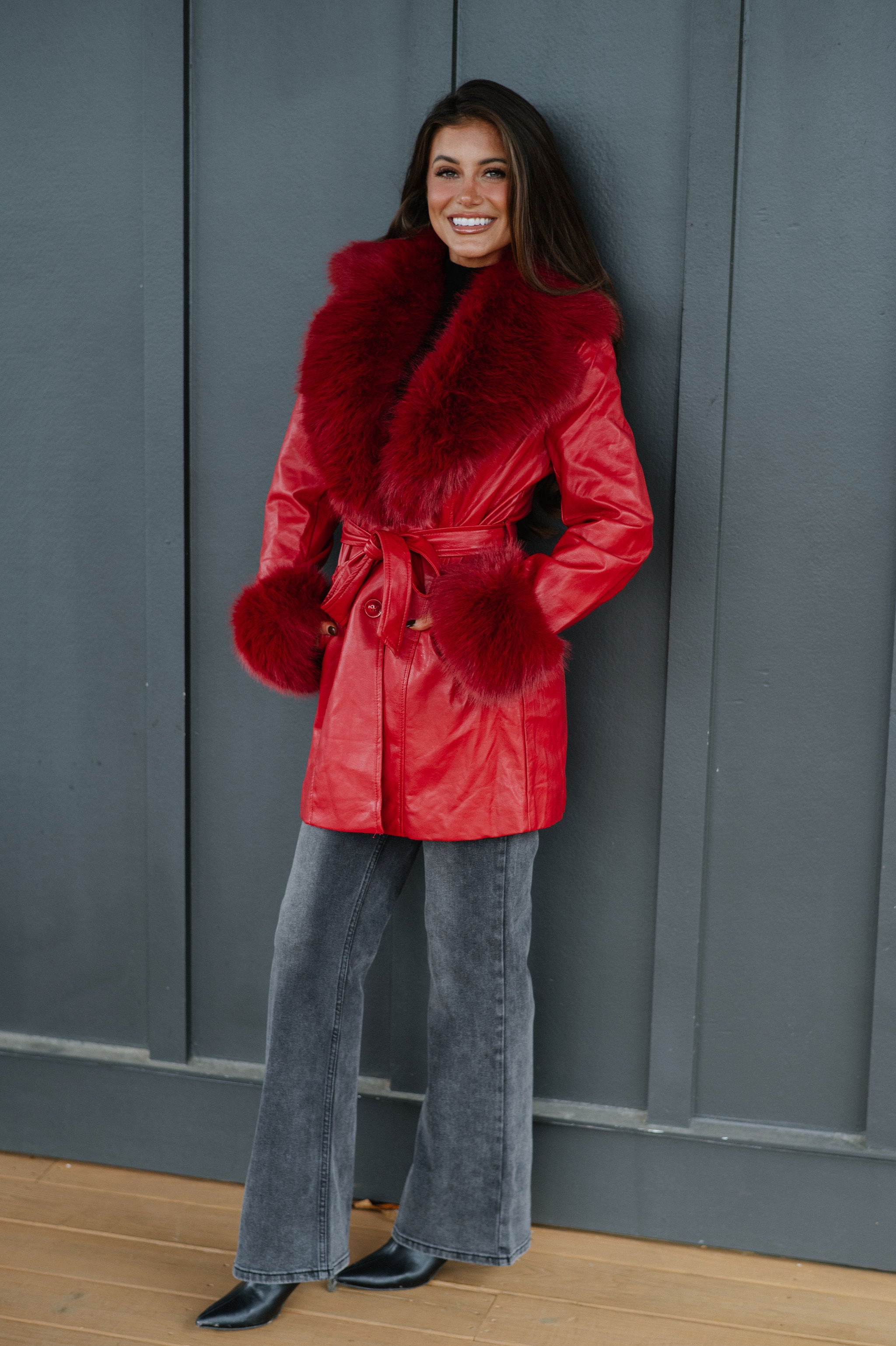 Ginny Fur Trim Coat-Red
