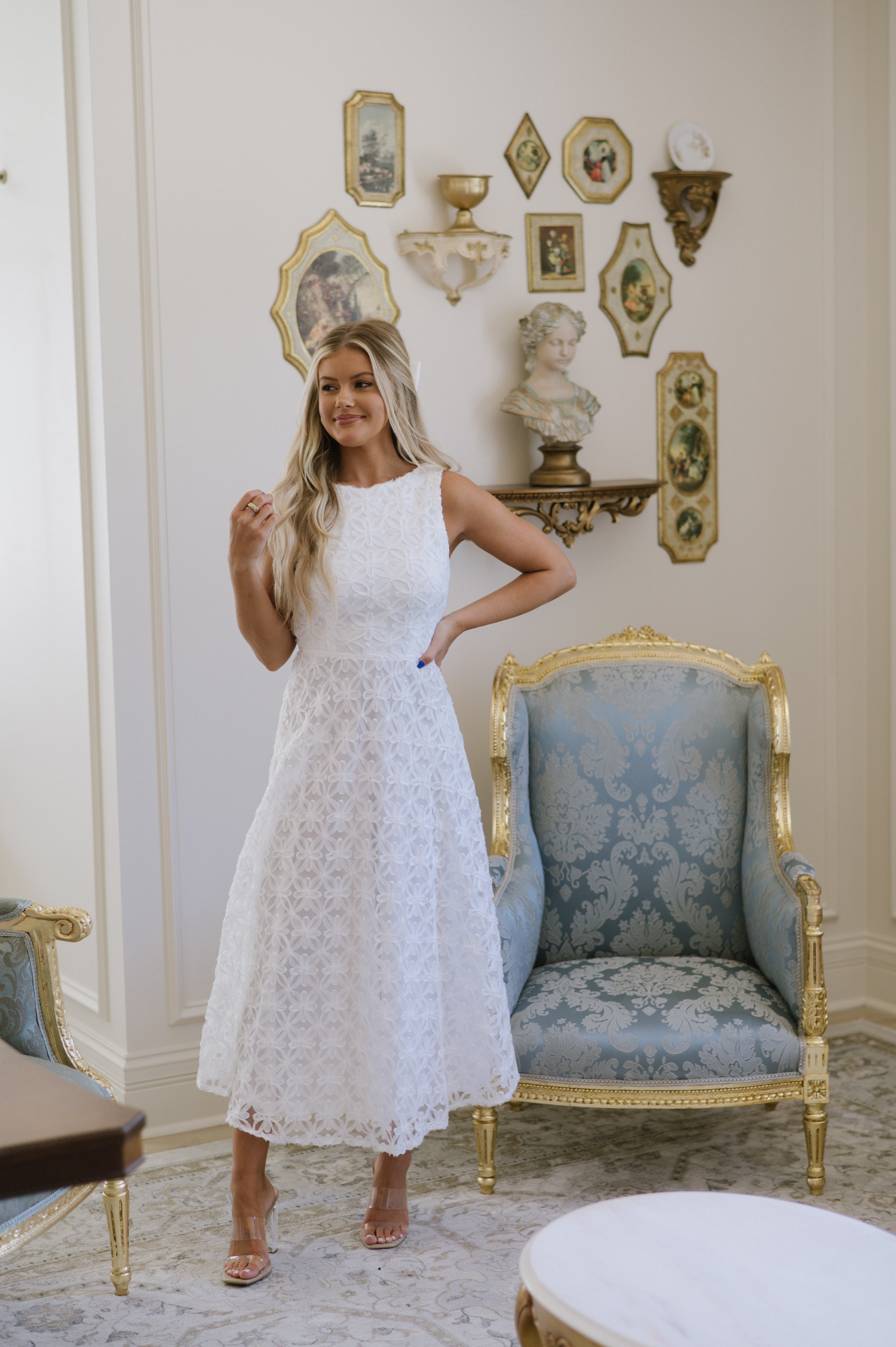 Sleeveless Applique Midi Dress-White