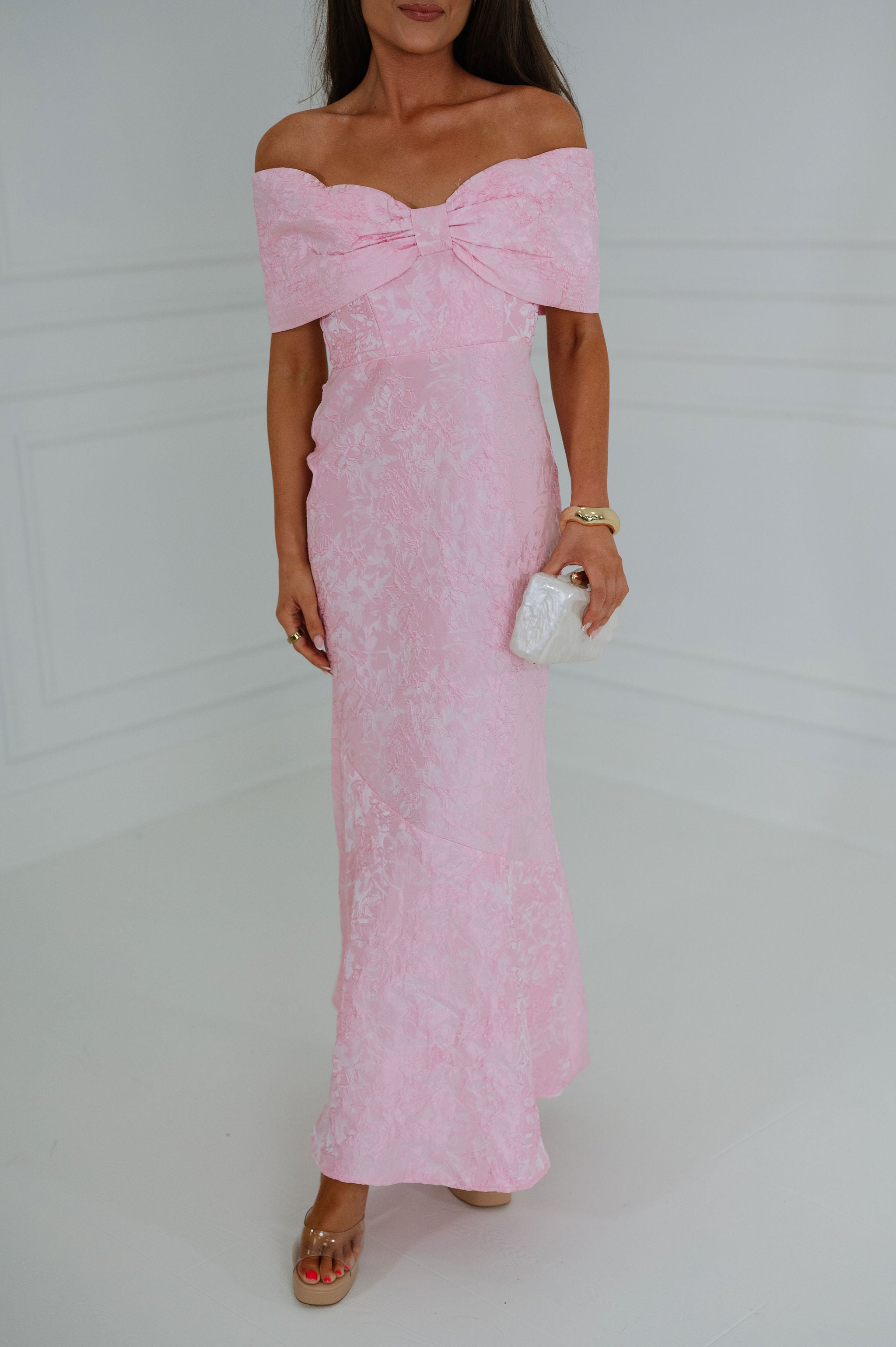 Jacquard Off Shoulder Dress-Pink