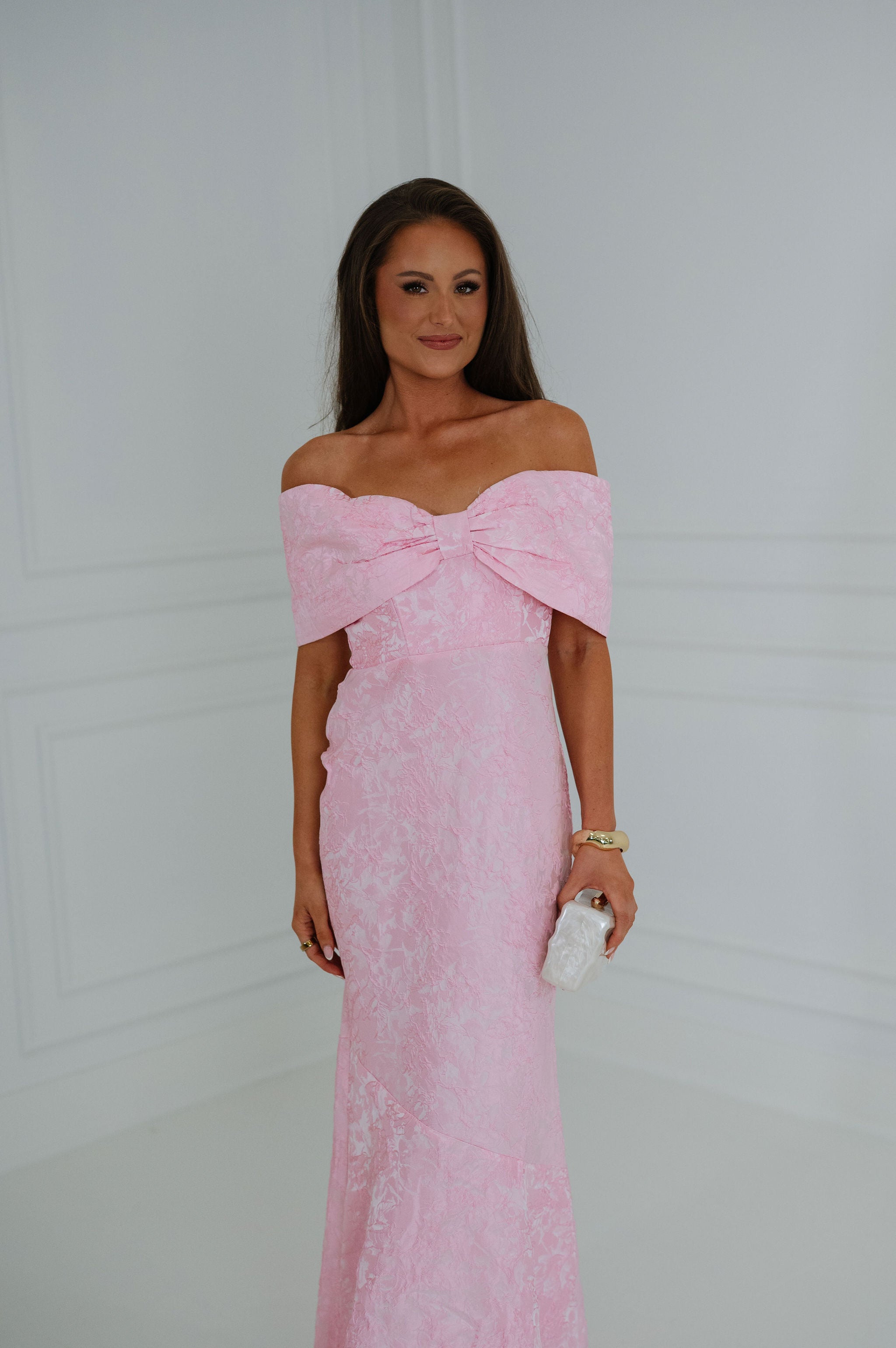Jacquard Off Shoulder Dress-Pink