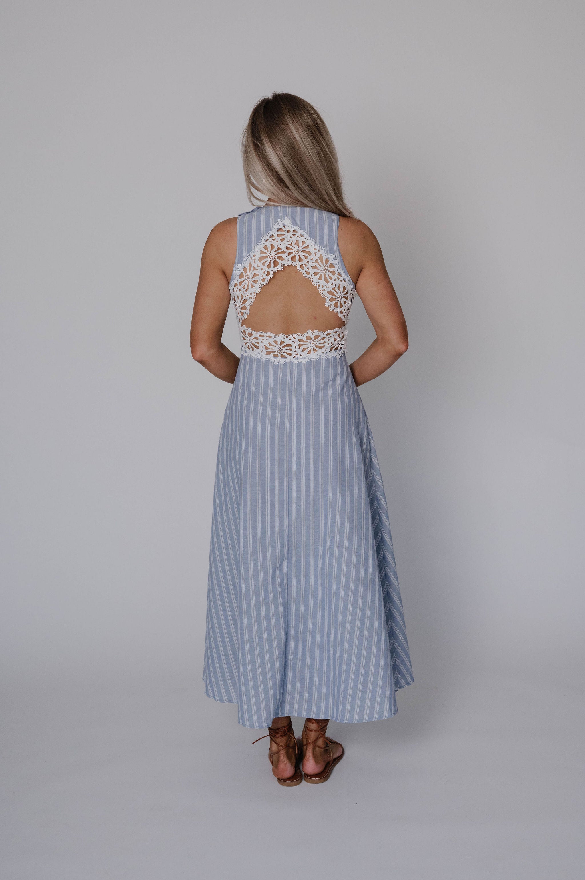 Striped Lace Trim Open Back Midi Dress-Light Blue