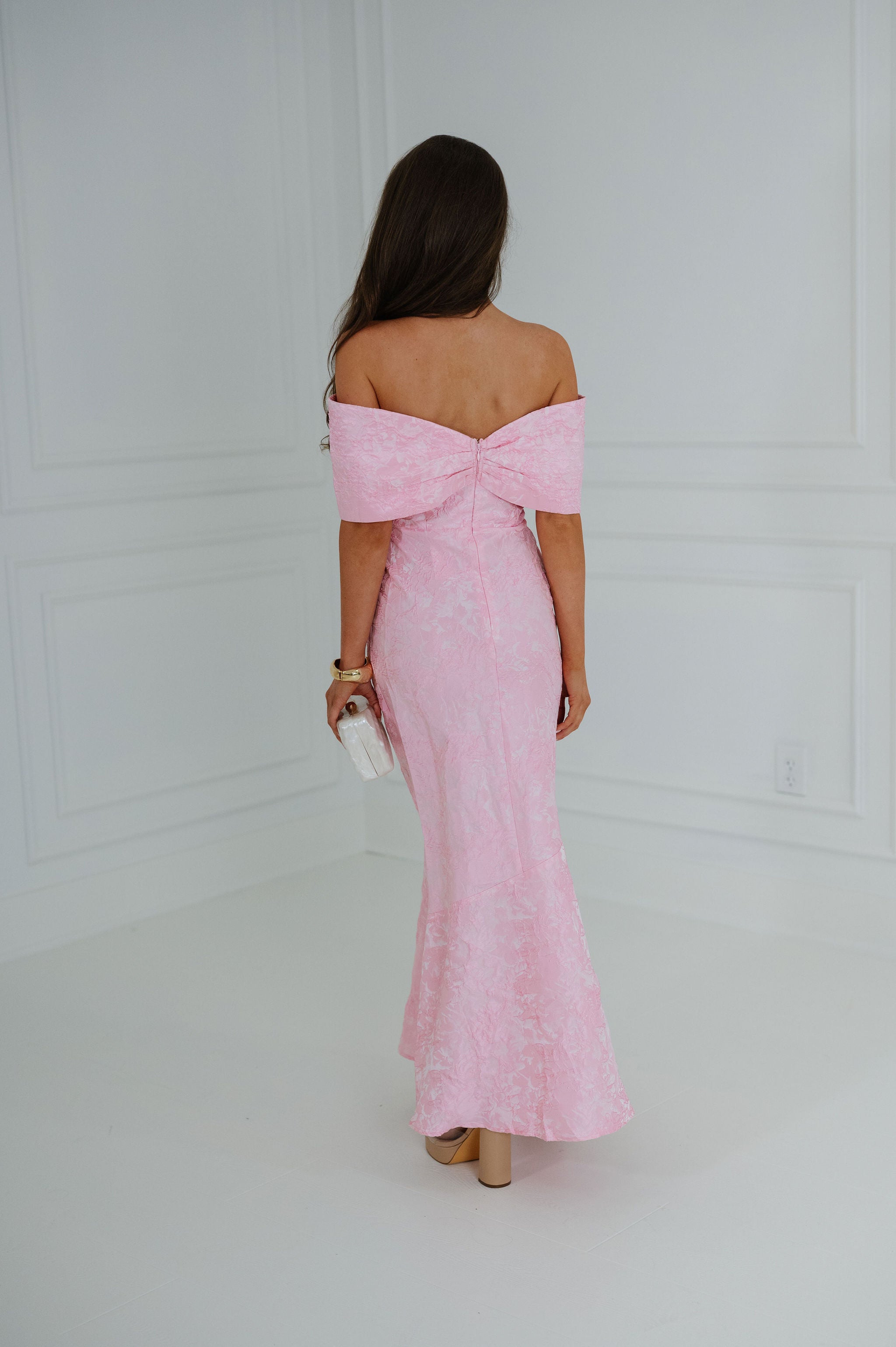 Jacquard Off Shoulder Dress-Pink