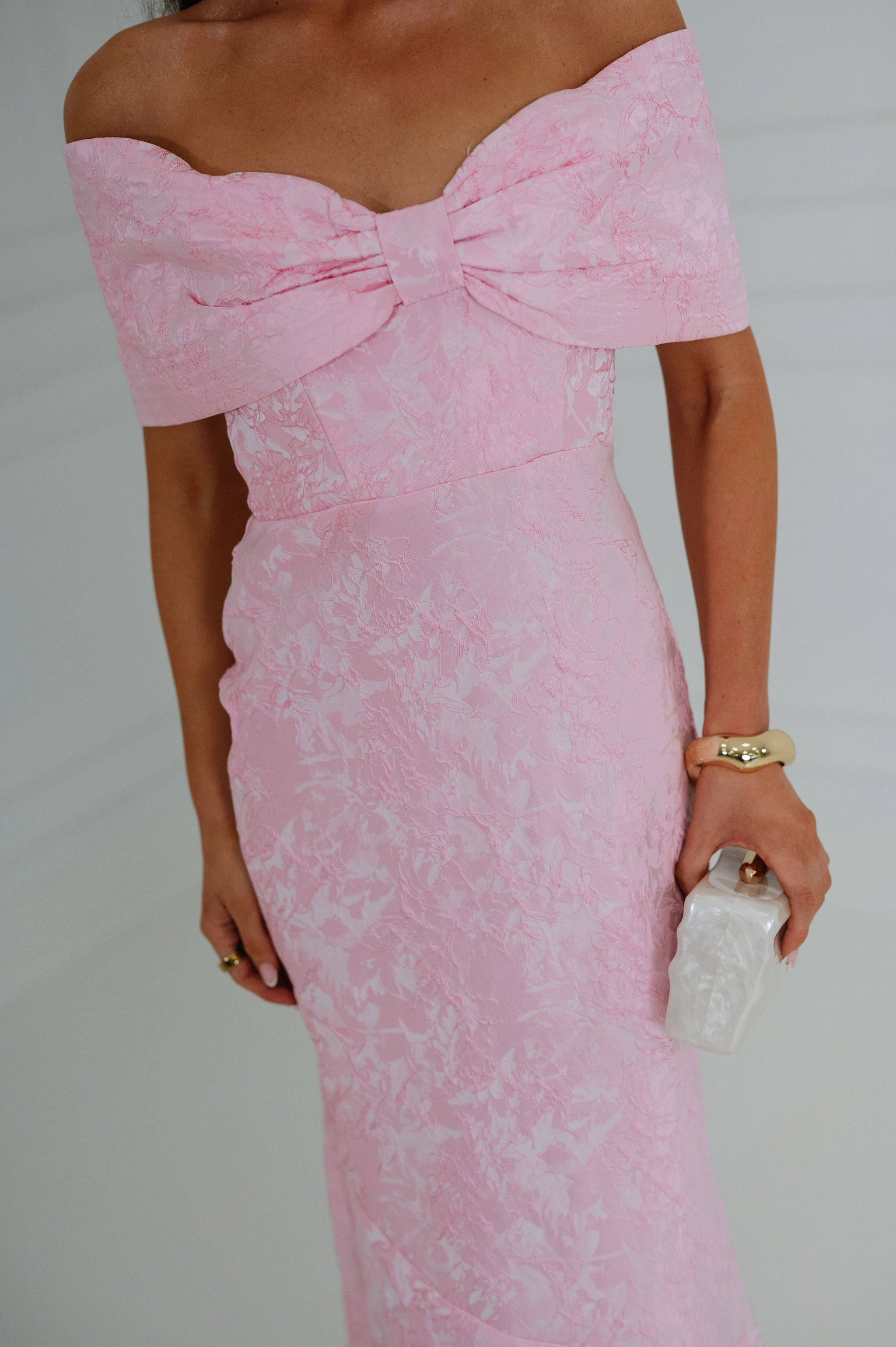 Jacquard Off Shoulder Dress-Pink