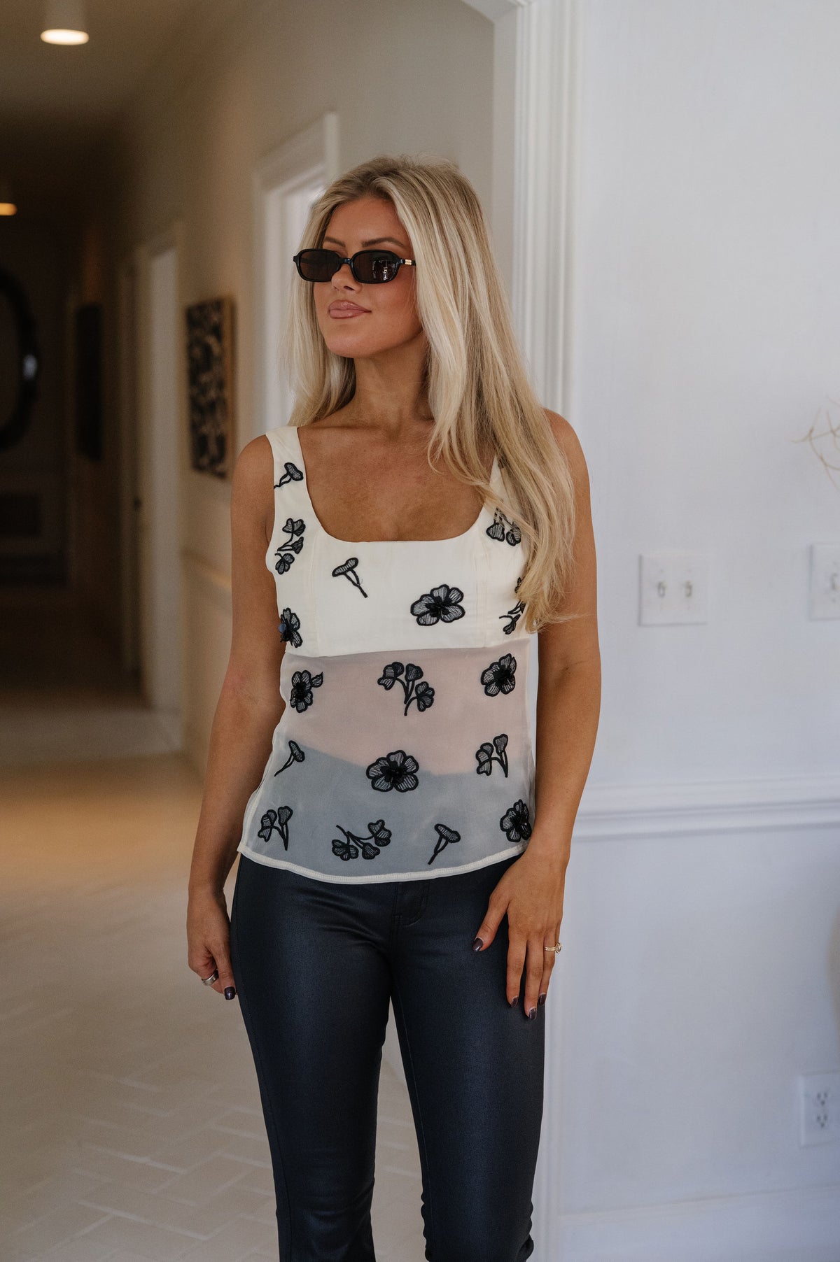Celine Floral Embroidered Top-Cream/Black