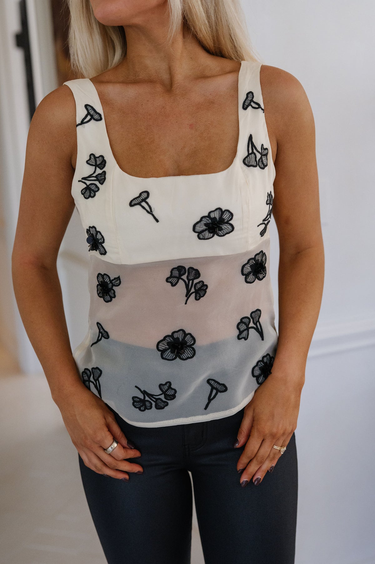 Celine Floral Embroidered Top-Cream/Black