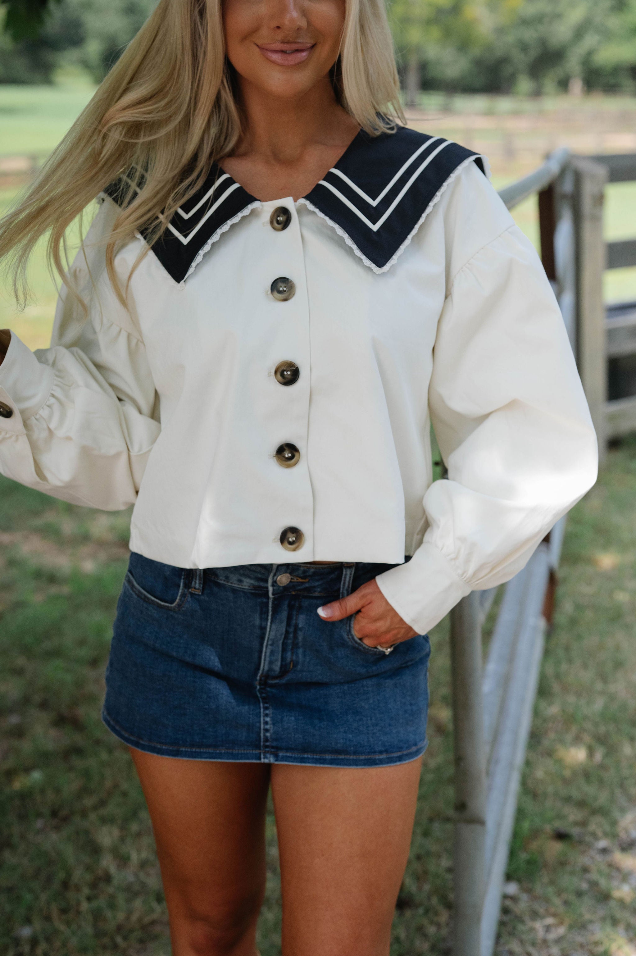 Sailor Cropped Trench Coat-Off White/Navy