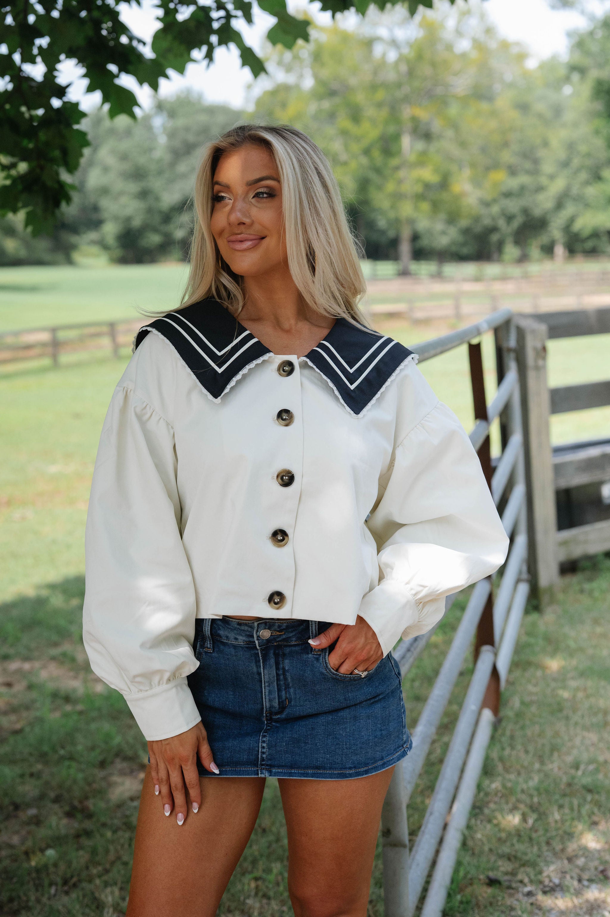 Sailor Cropped Trench Coat-Off White/Navy