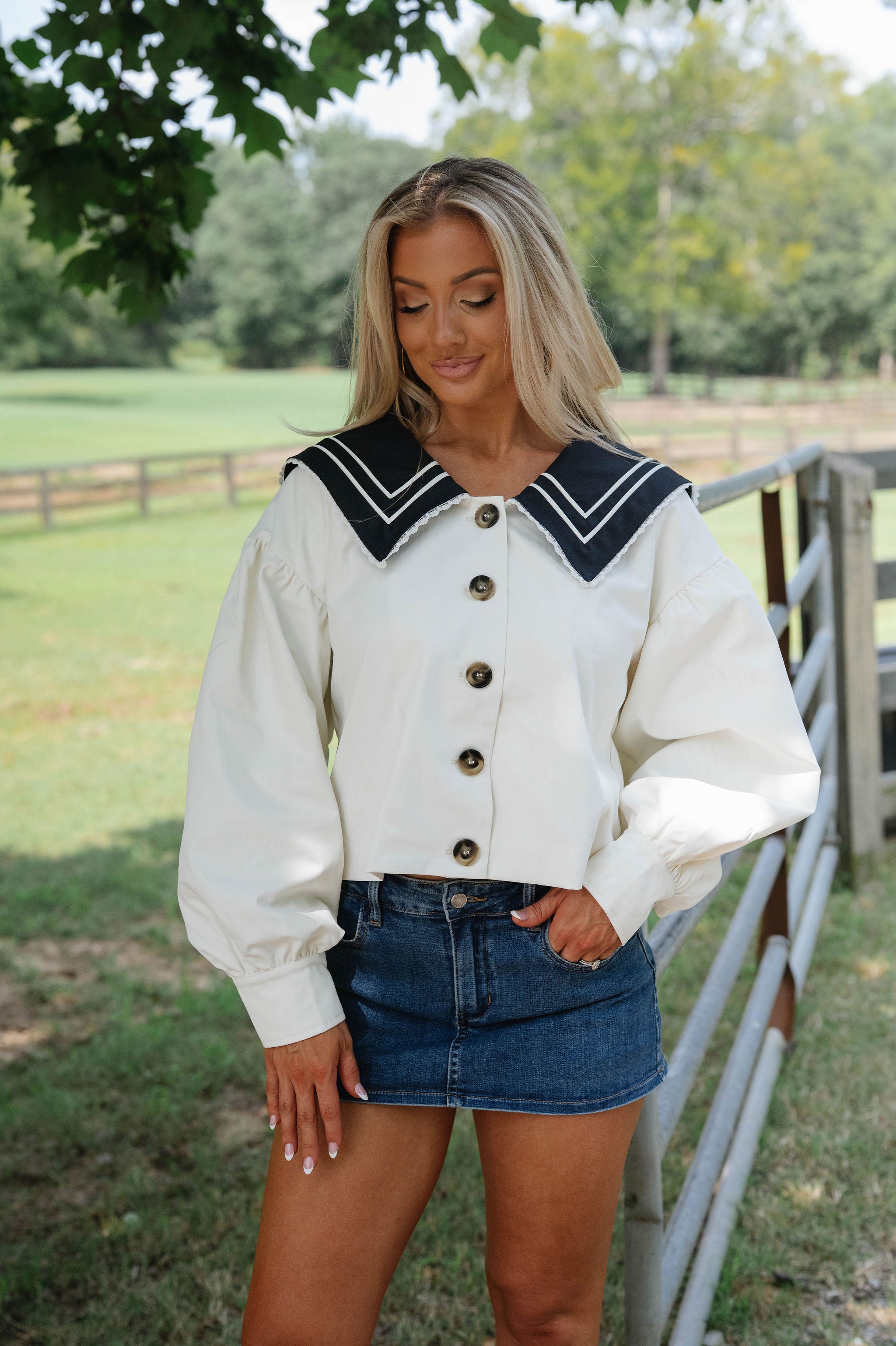 Sailor Cropped Trench Coat-Off White/Navy