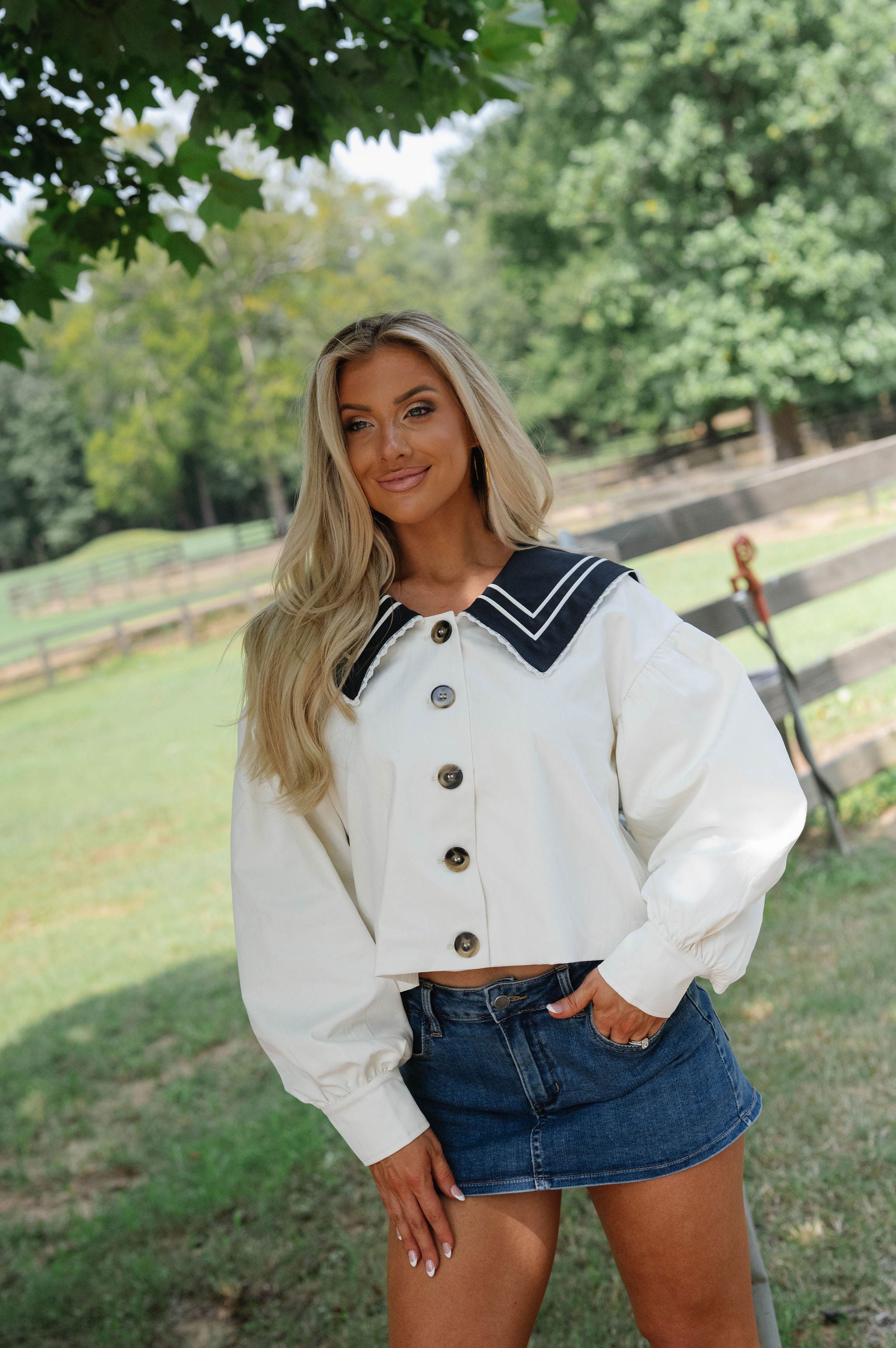 Sailor Cropped Trench Coat-Off White/Navy
