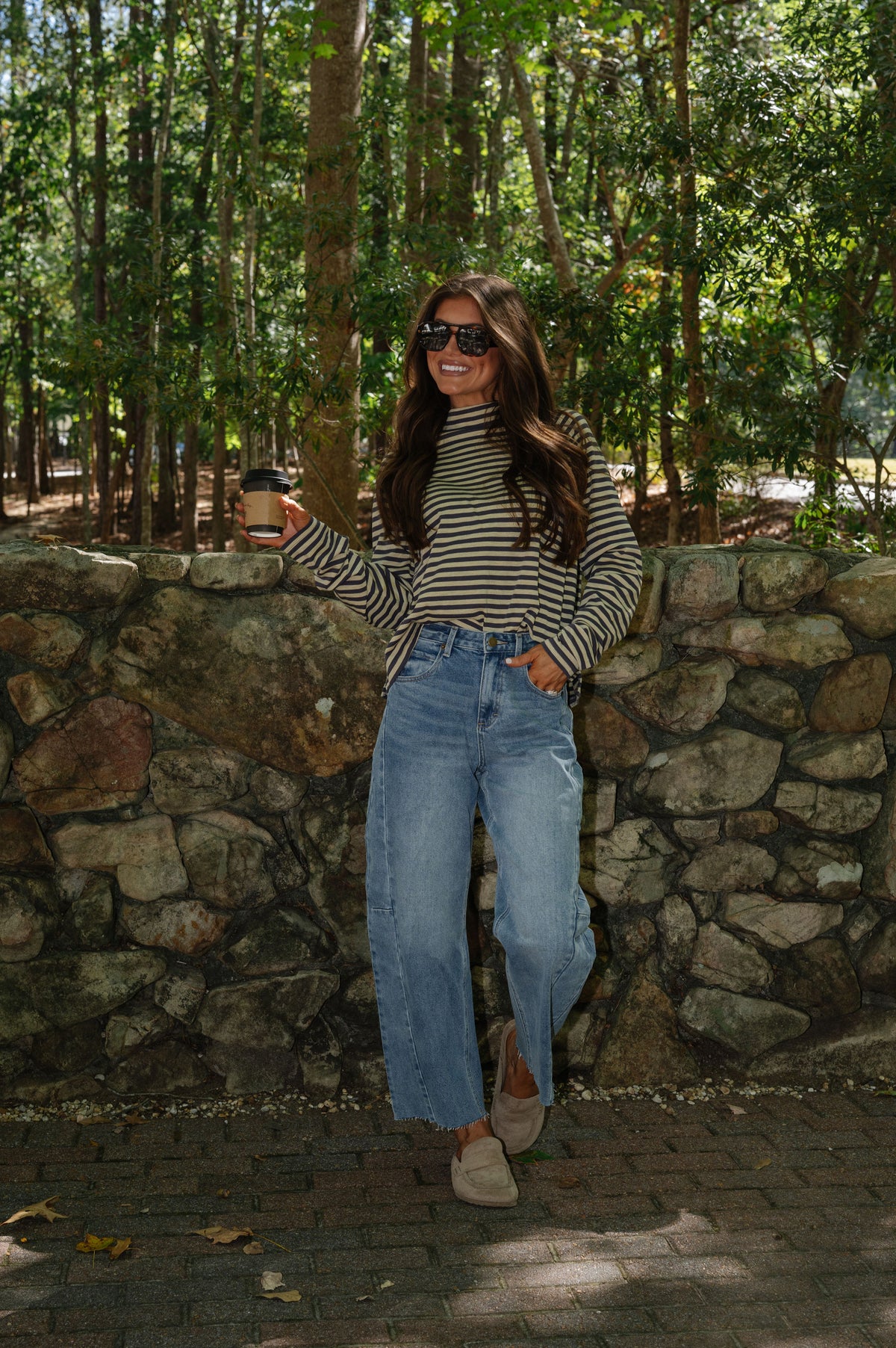 Kinley Stripe Mock Neck Top-Butter/Slate Grey