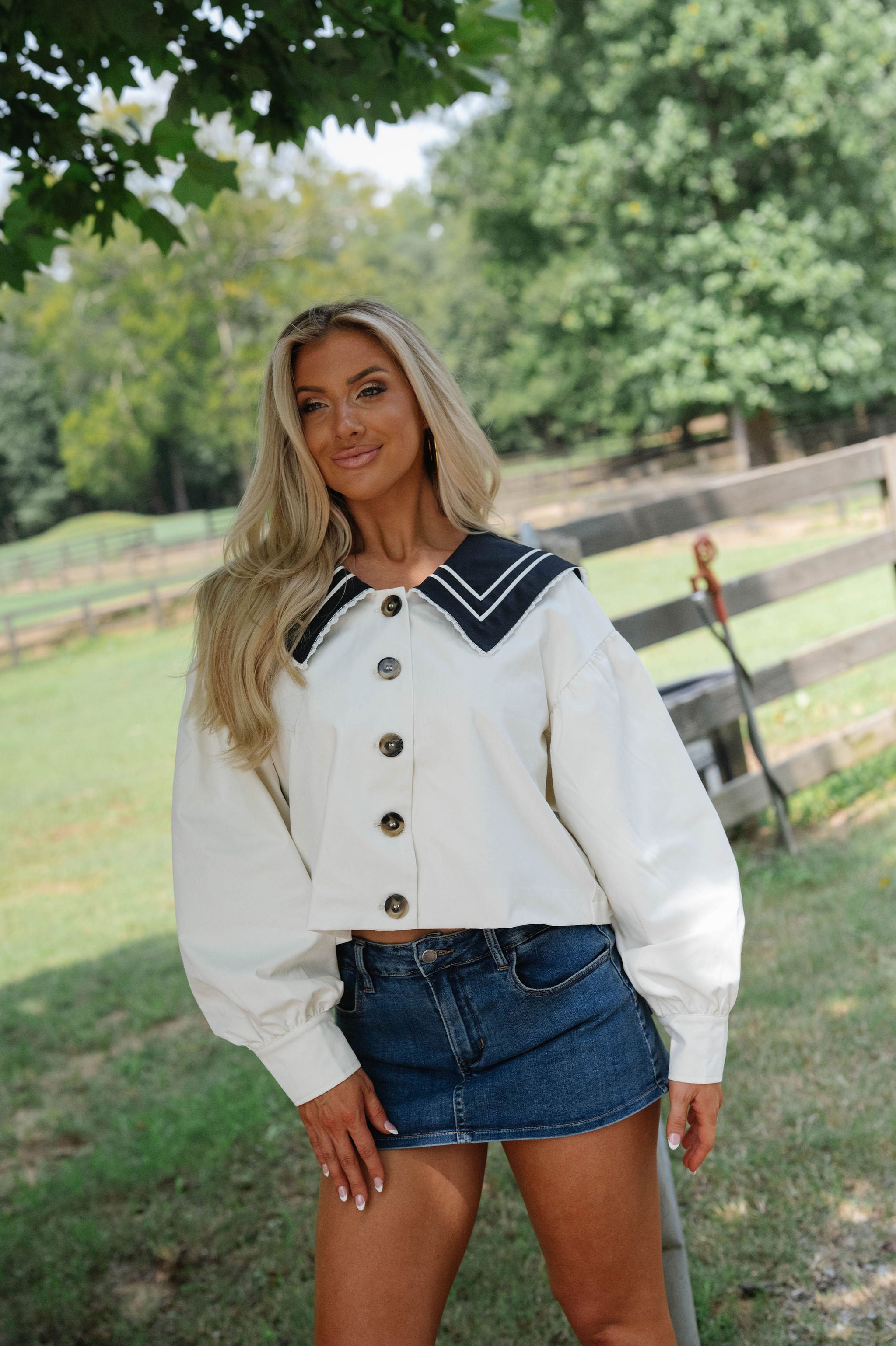 Sailor Cropped Trench Coat-Off White/Navy