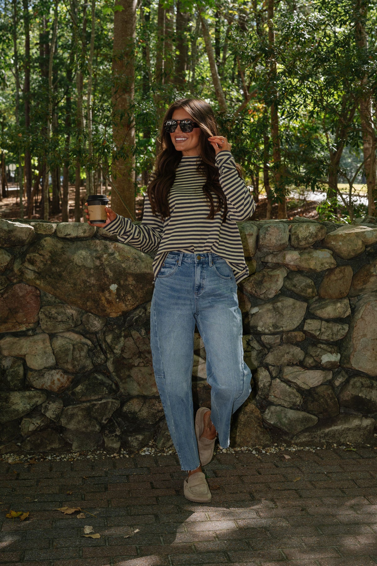 Kinley Stripe Mock Neck Top-Butter/Slate Grey