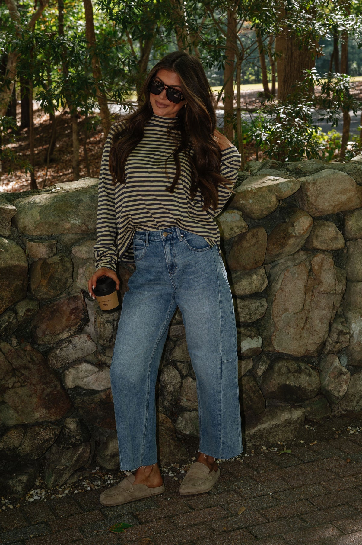 Kinley Stripe Mock Neck Top-Butter/Slate Grey