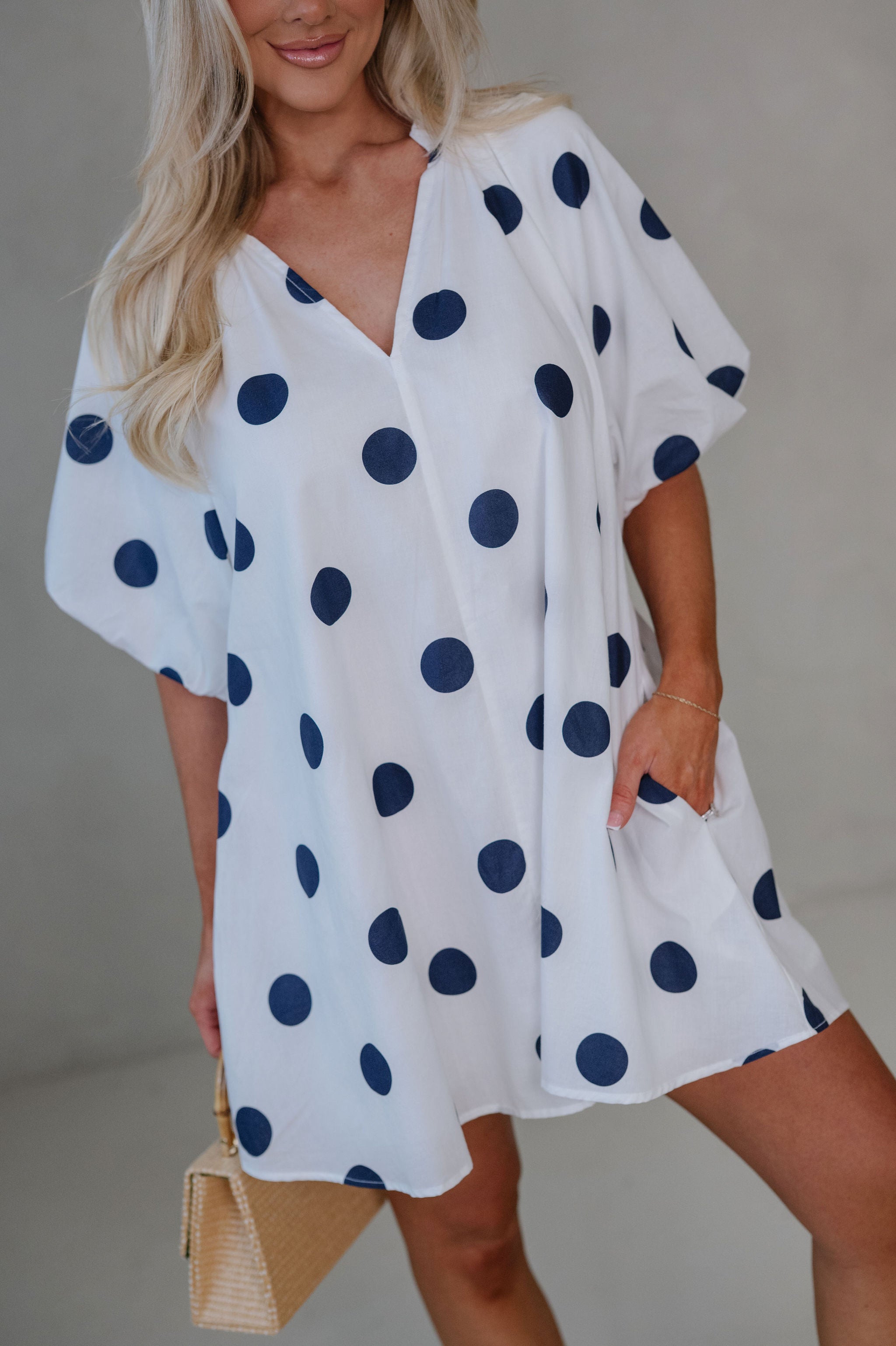 Devyn Polka Dot Mini Dress-Navy