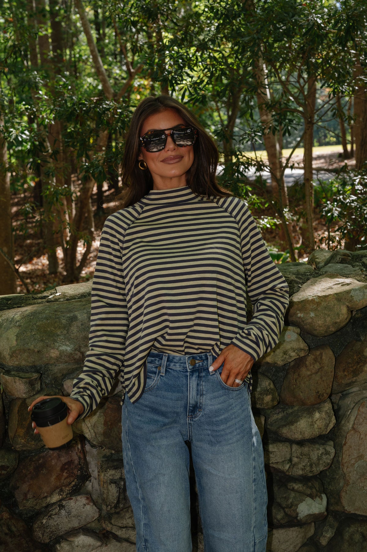 Kinley Stripe Mock Neck Top-Butter/Slate Grey