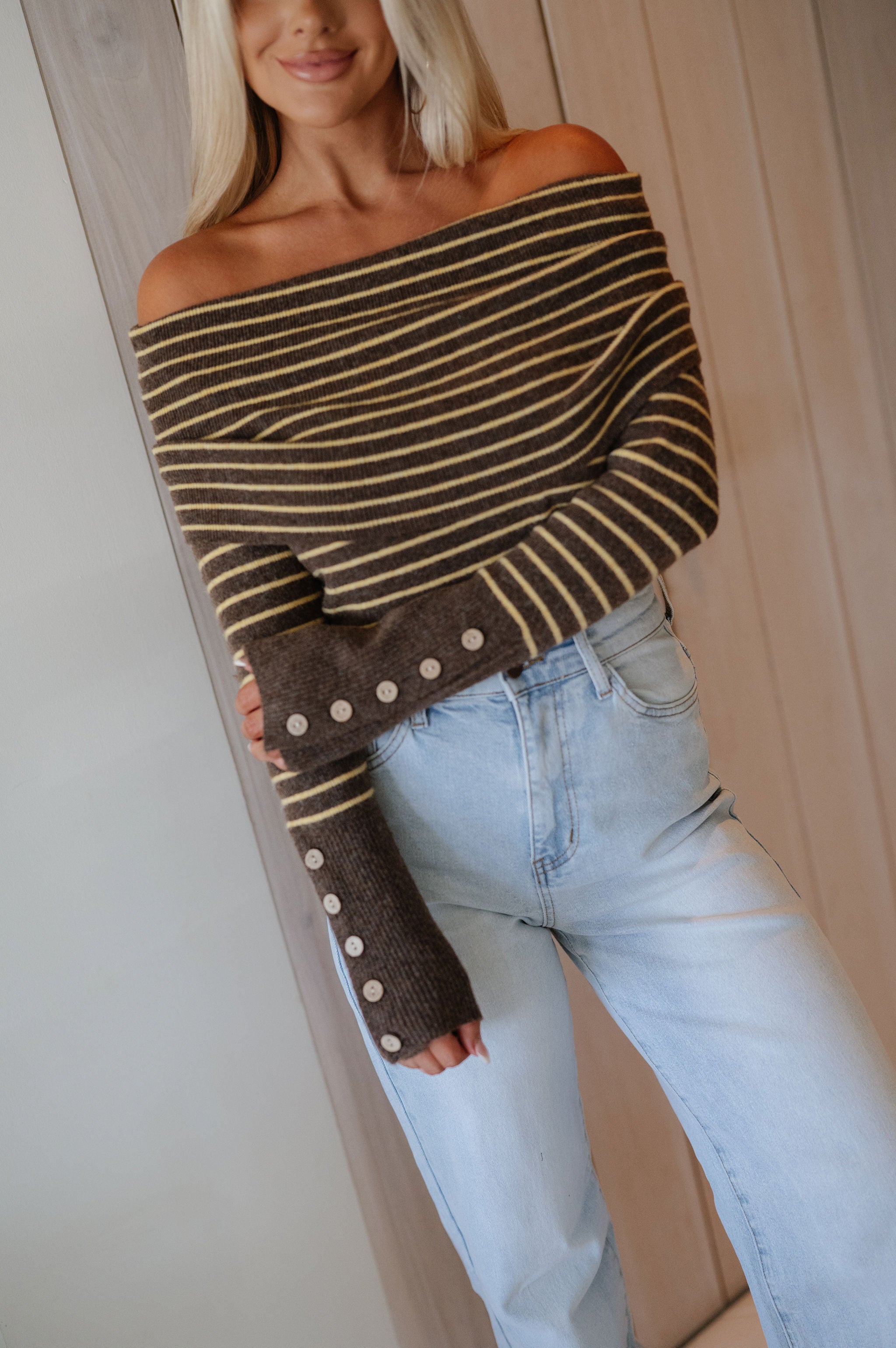 Thea OTS Striped Sweater-Mocha/Yellow