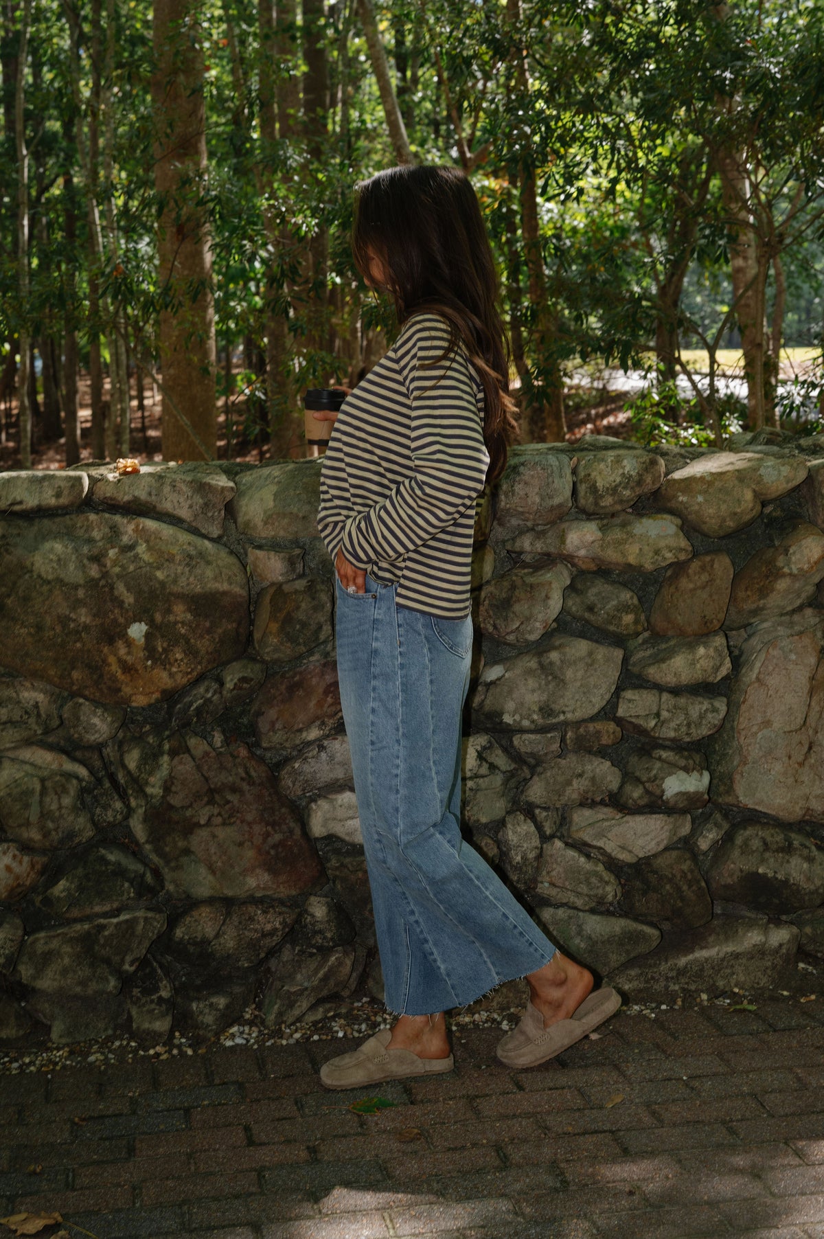 Kinley Stripe Mock Neck Top-Butter/Slate Grey