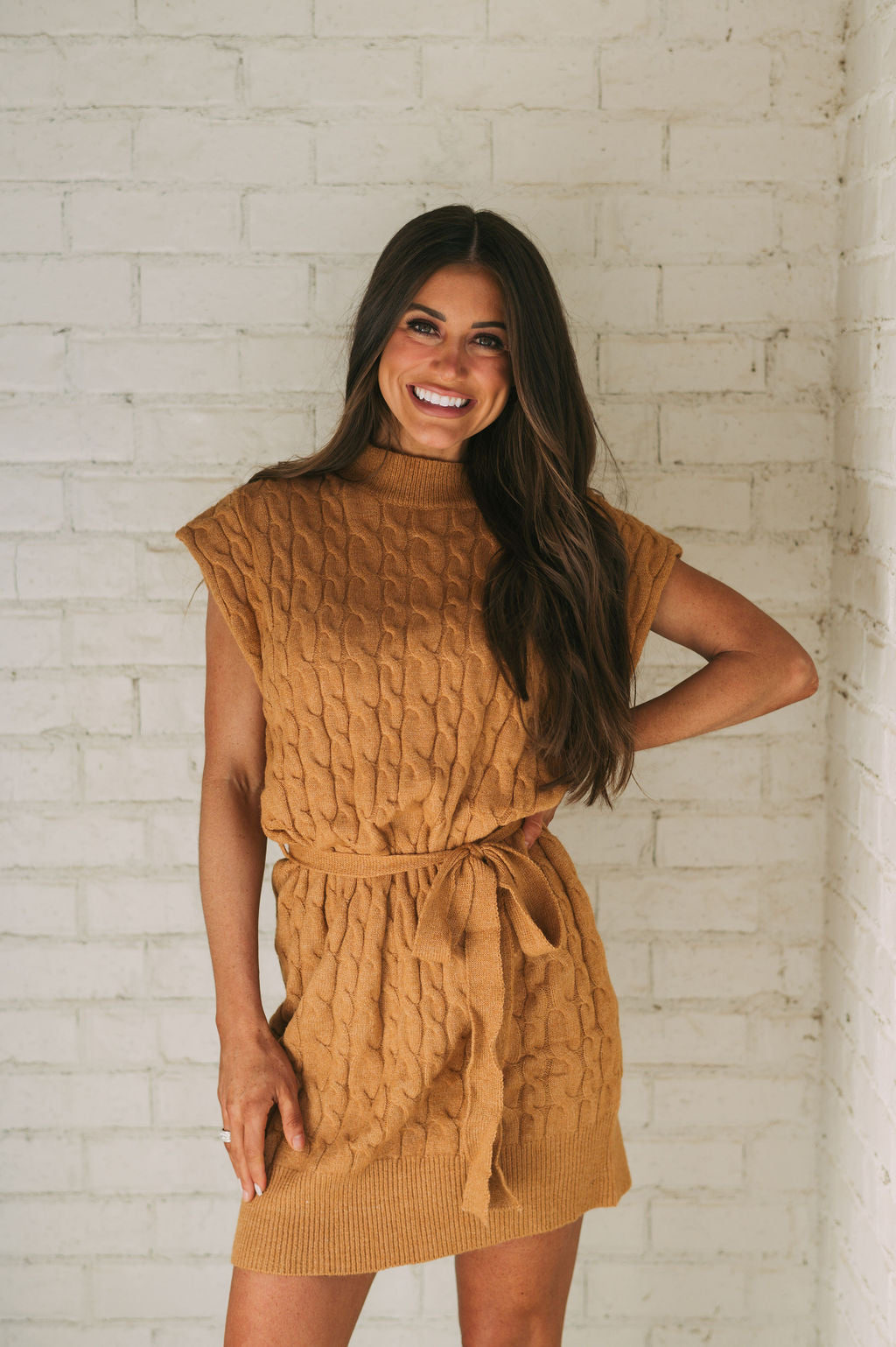 Sleeveless Cable Knit Sweater Dress-Camel