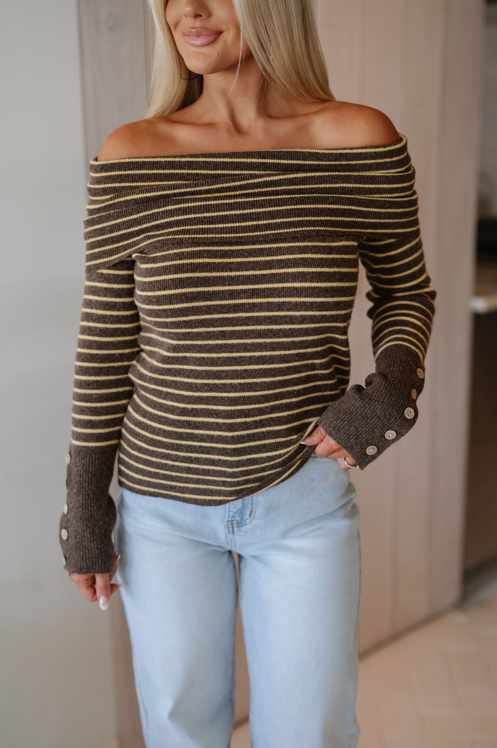Thea OTS Striped Sweater-Mocha/Yellow