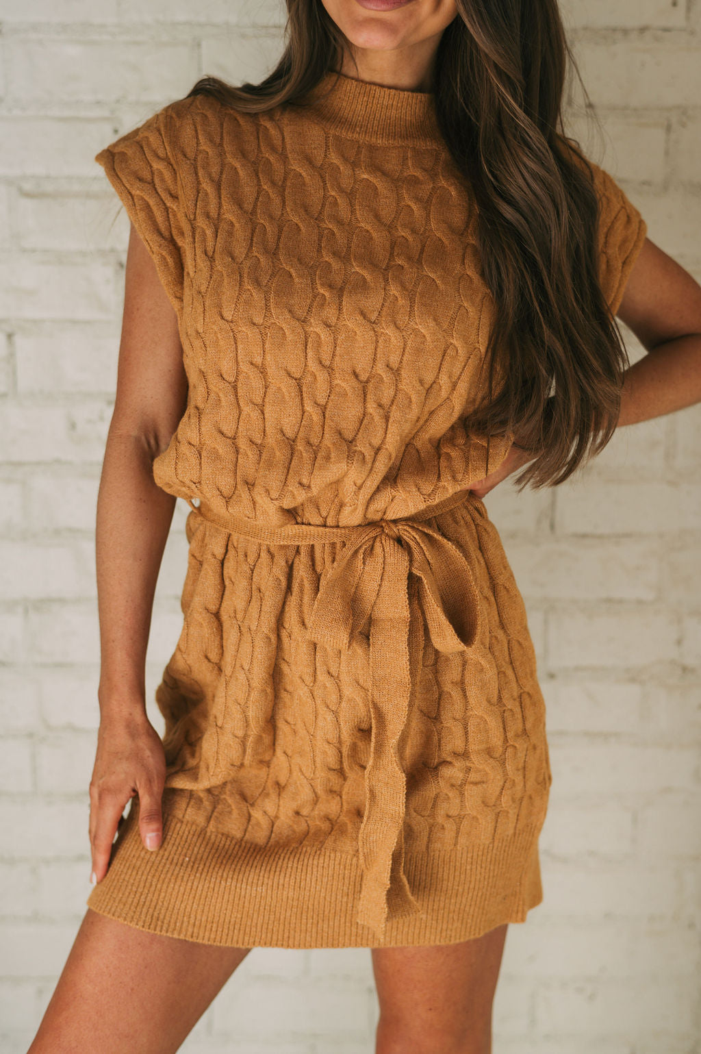 Sleeveless Cable Knit Sweater Dress-Camel