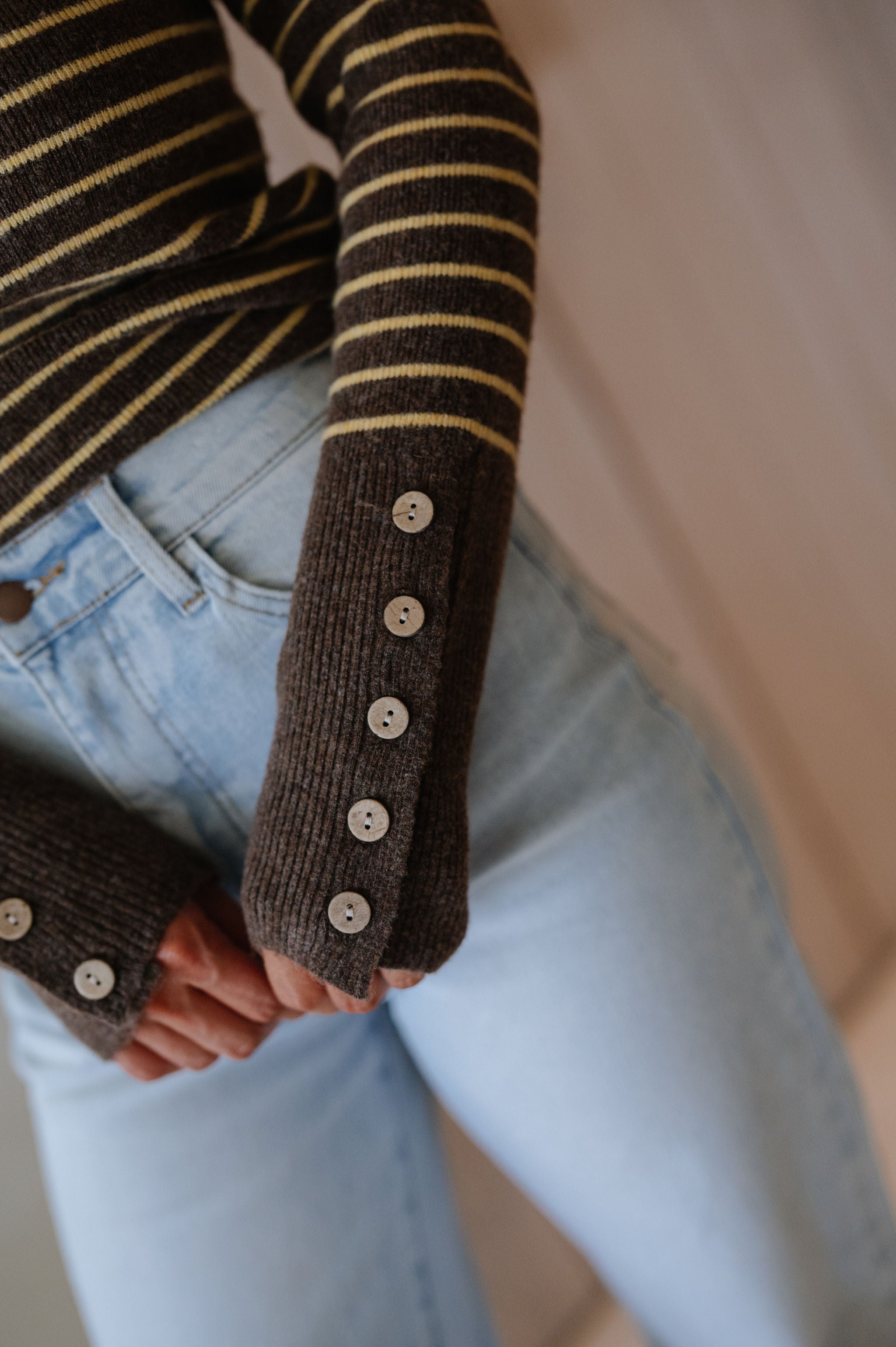 Thea OTS Striped Sweater-Mocha/Yellow