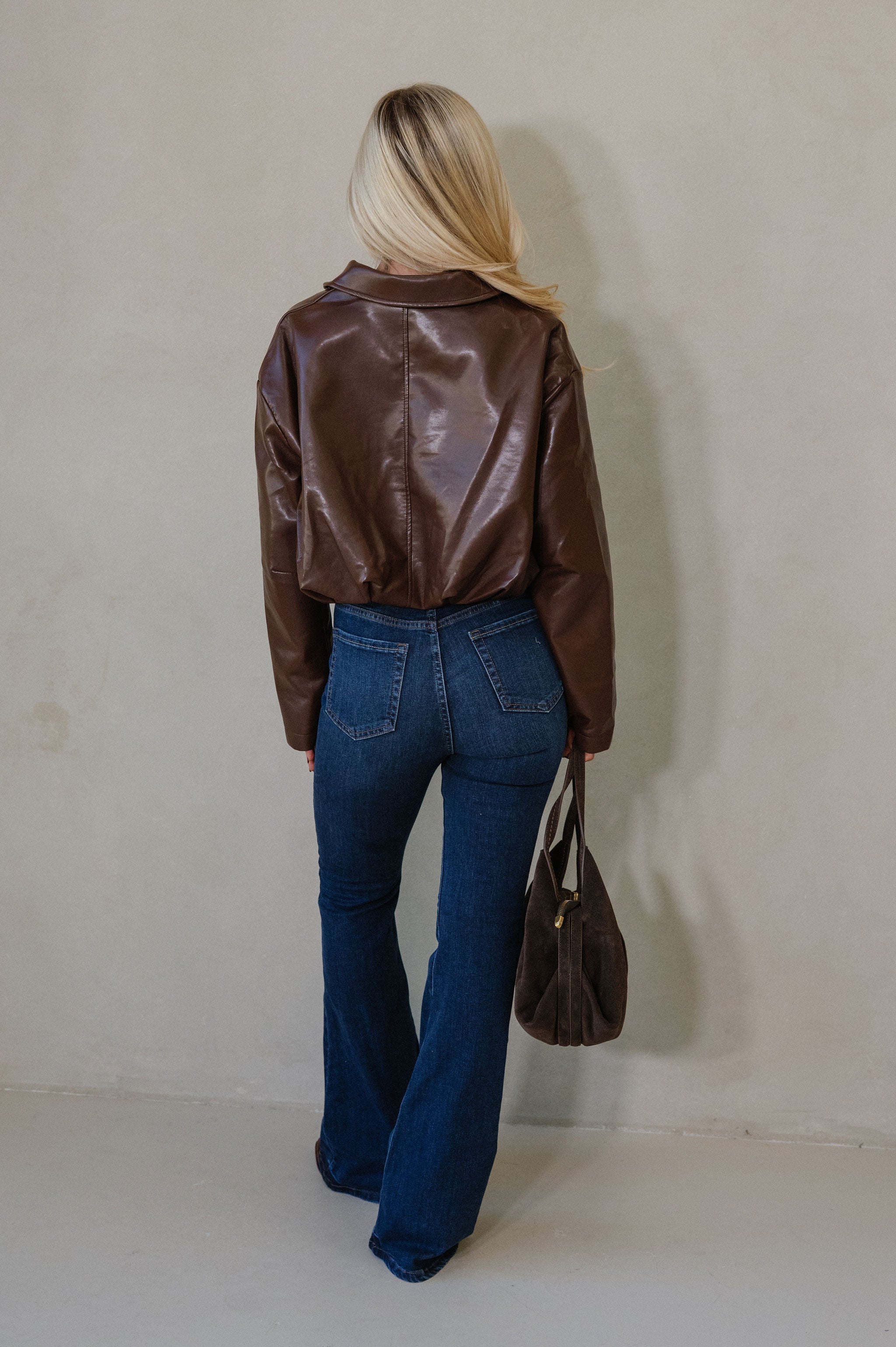 Leather Pleated Bubble Hem Jacket-Chocolate Brown