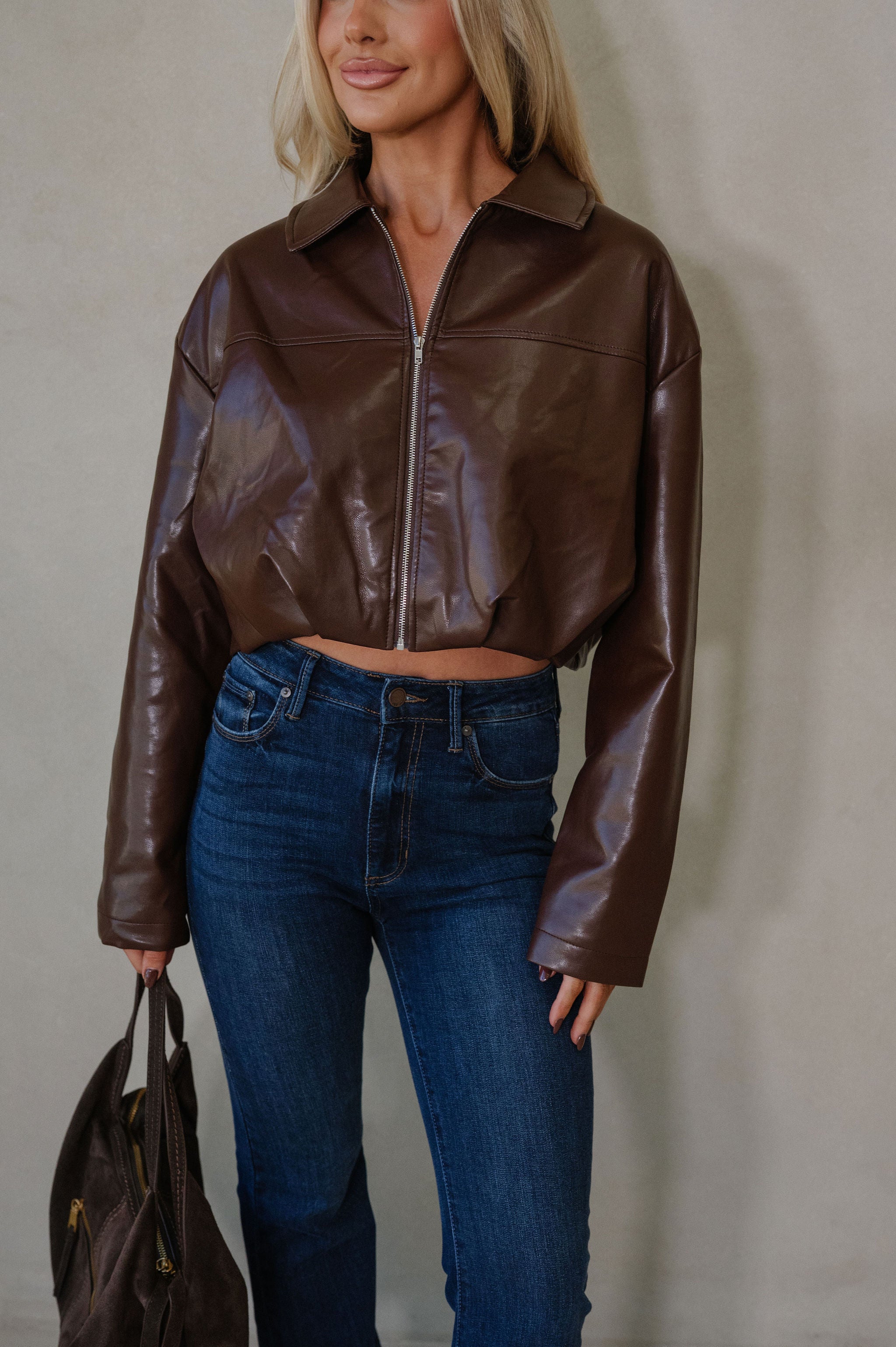 Leather Pleated Bubble Hem Jacket-Chocolate Brown