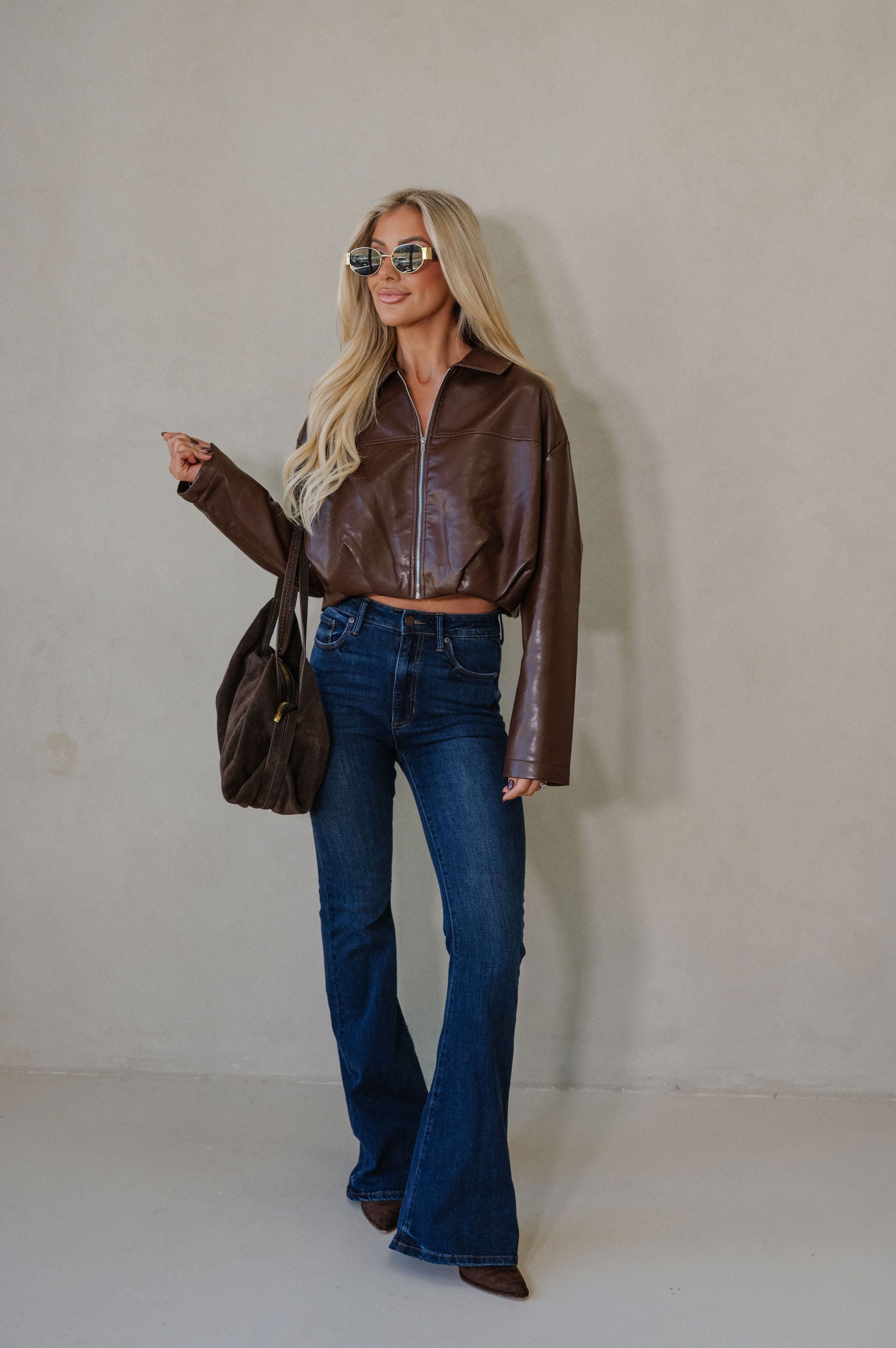 Leather Pleated Bubble Hem Jacket-Chocolate Brown