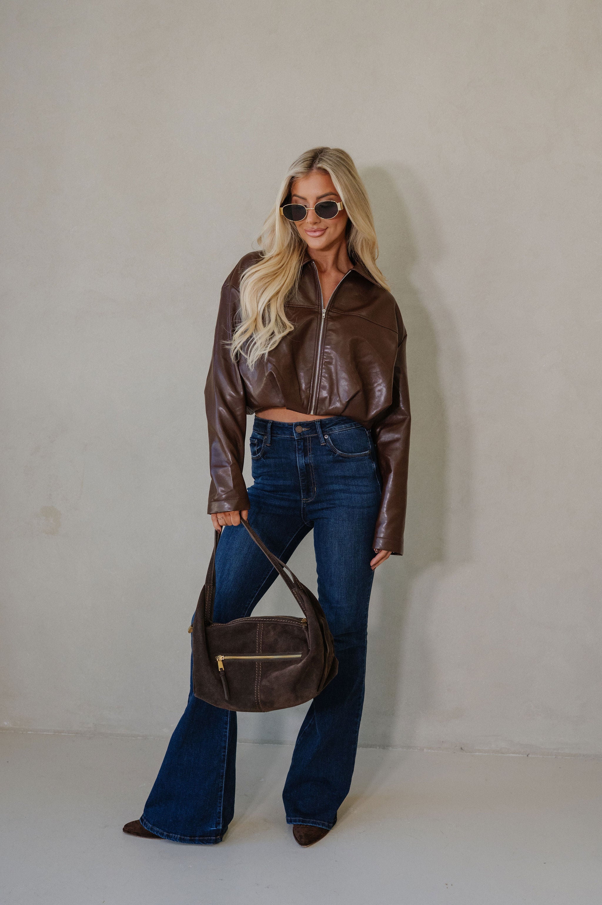 Leather Pleated Bubble Hem Jacket-Chocolate Brown