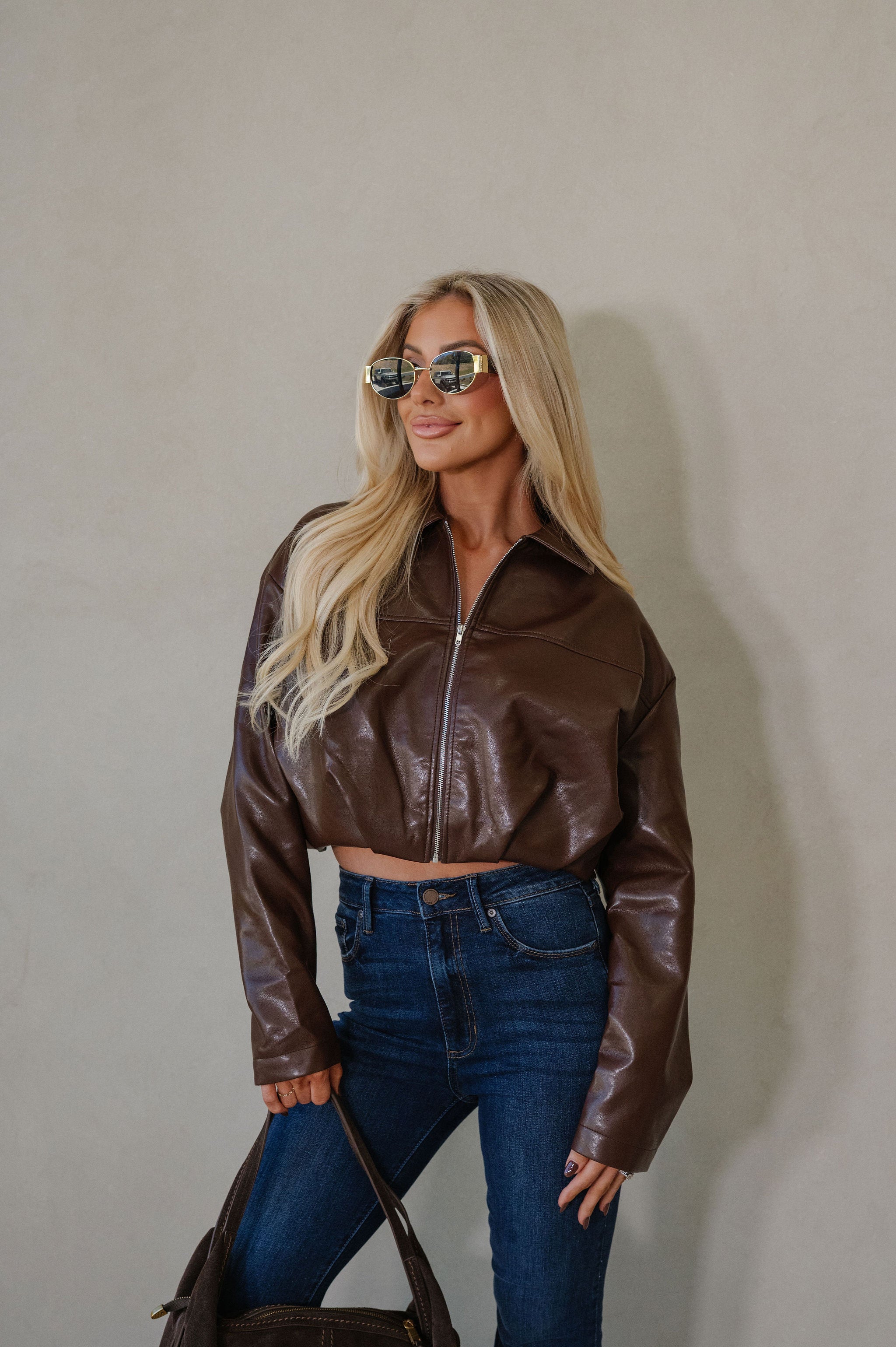 Leather Pleated Bubble Hem Jacket-Chocolate Brown