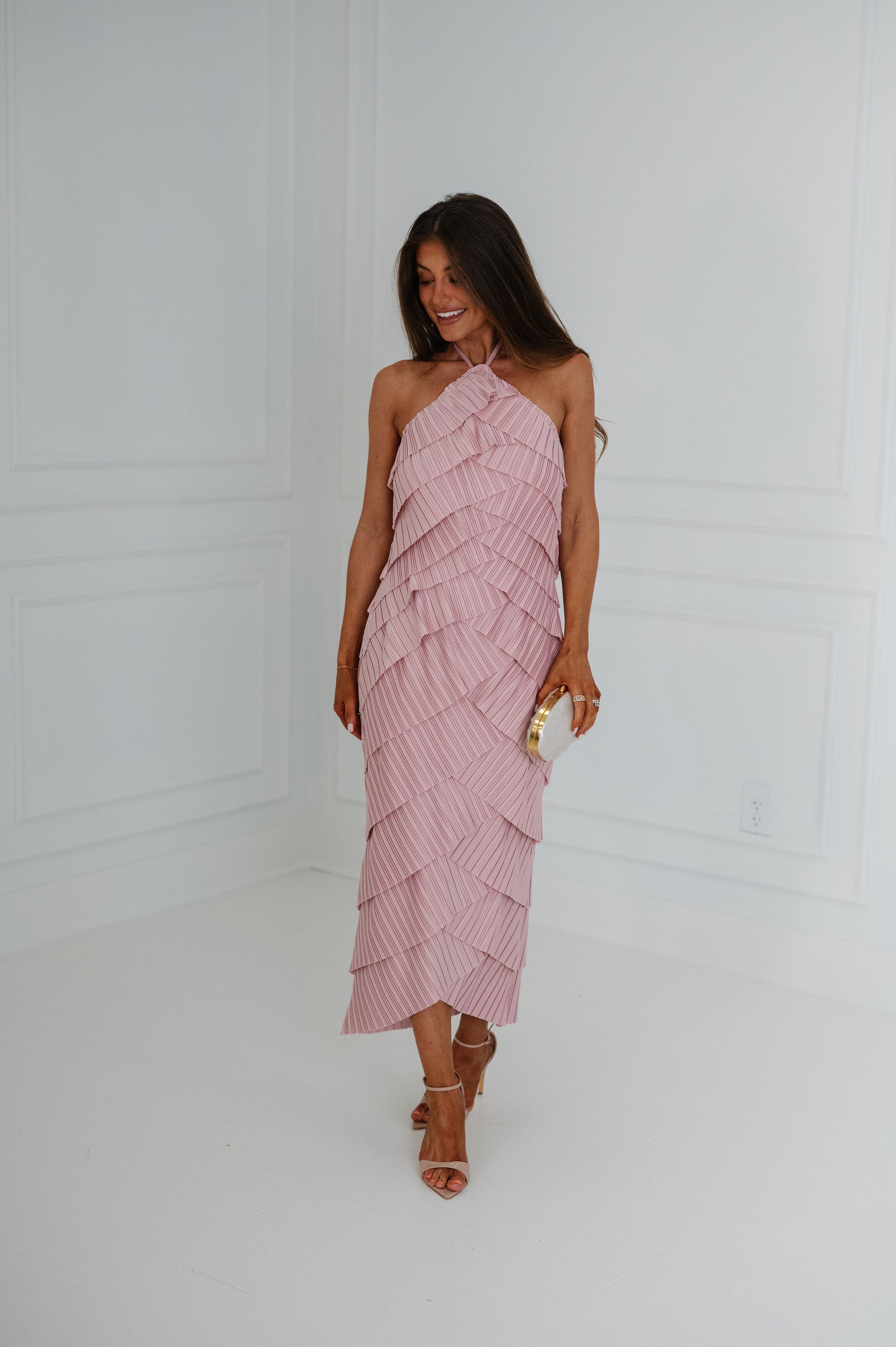 Pleated Halter Midi Dress- Dusty Pink