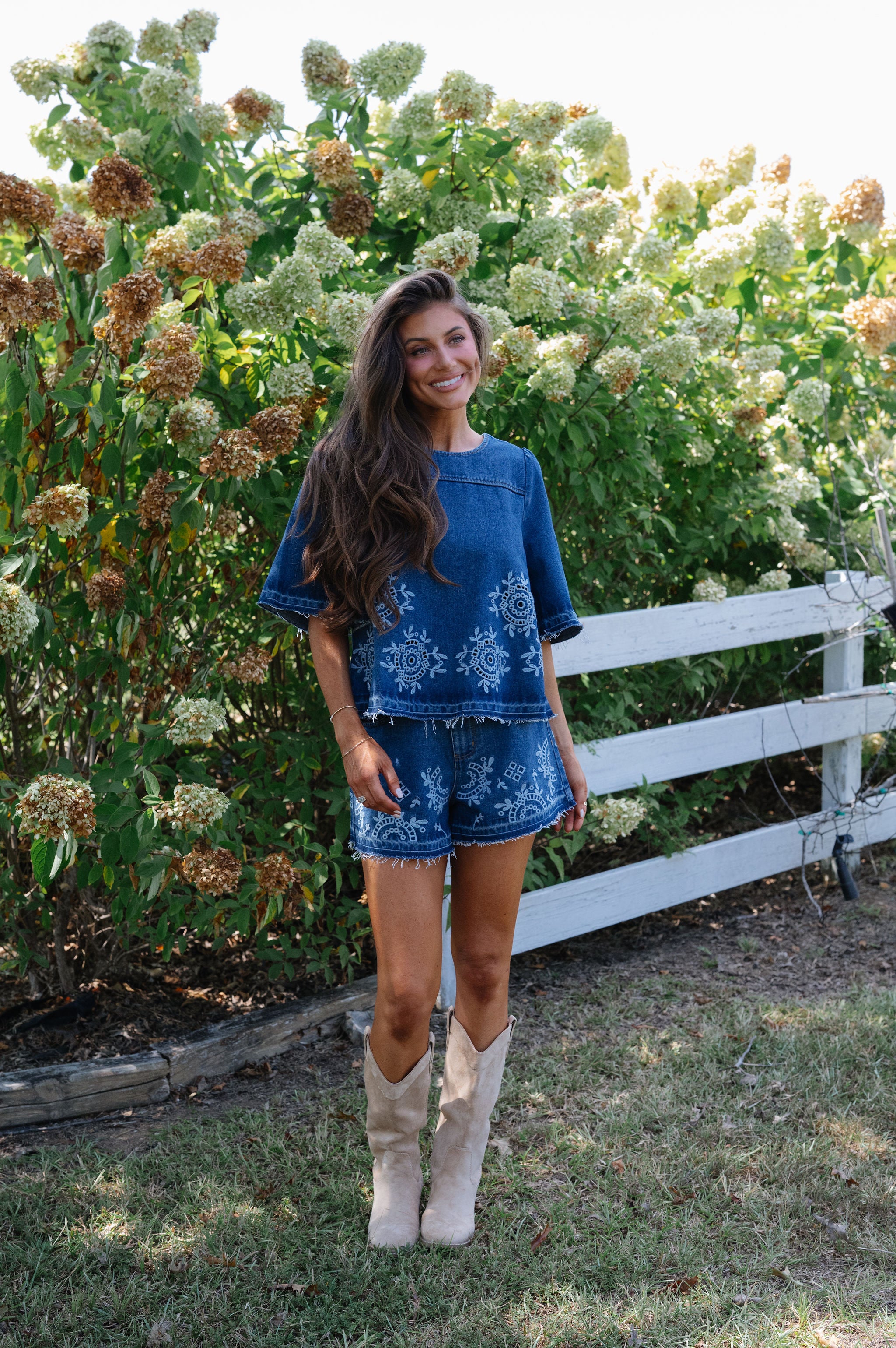 Dani Embroidered Denim Short Set