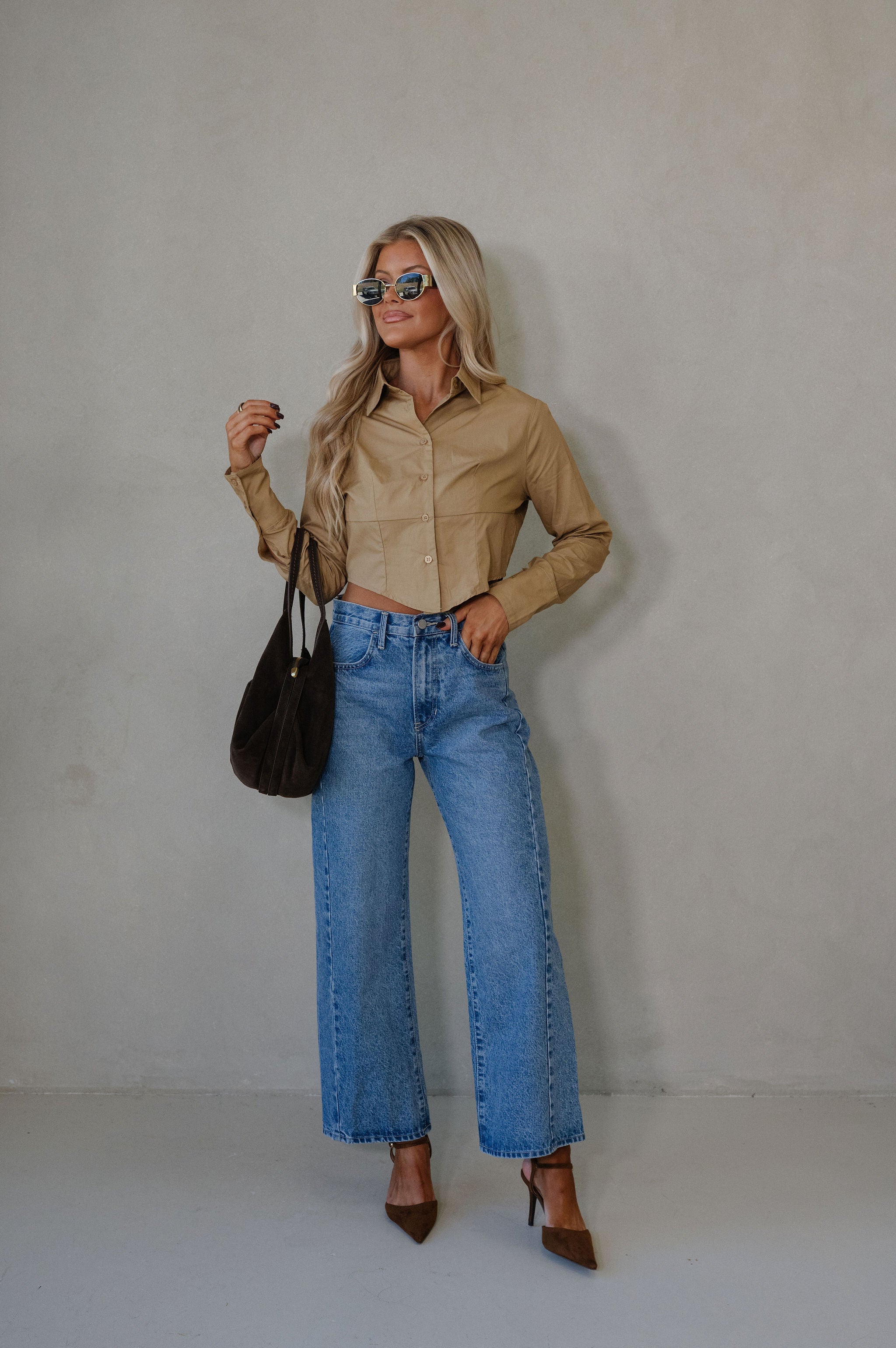 Lou Button Down Top-Khaki