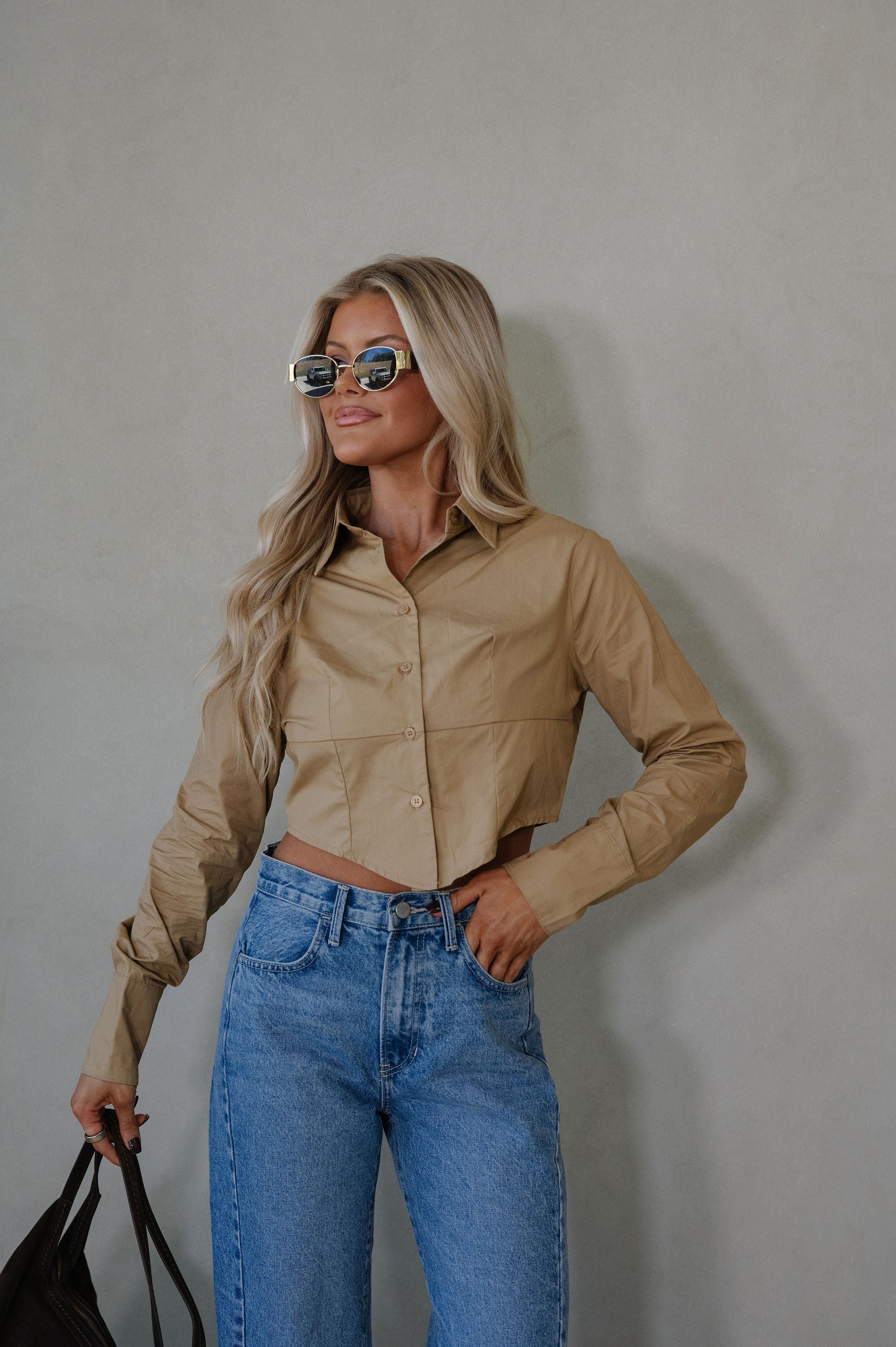 Lou Button Down Top-Khaki