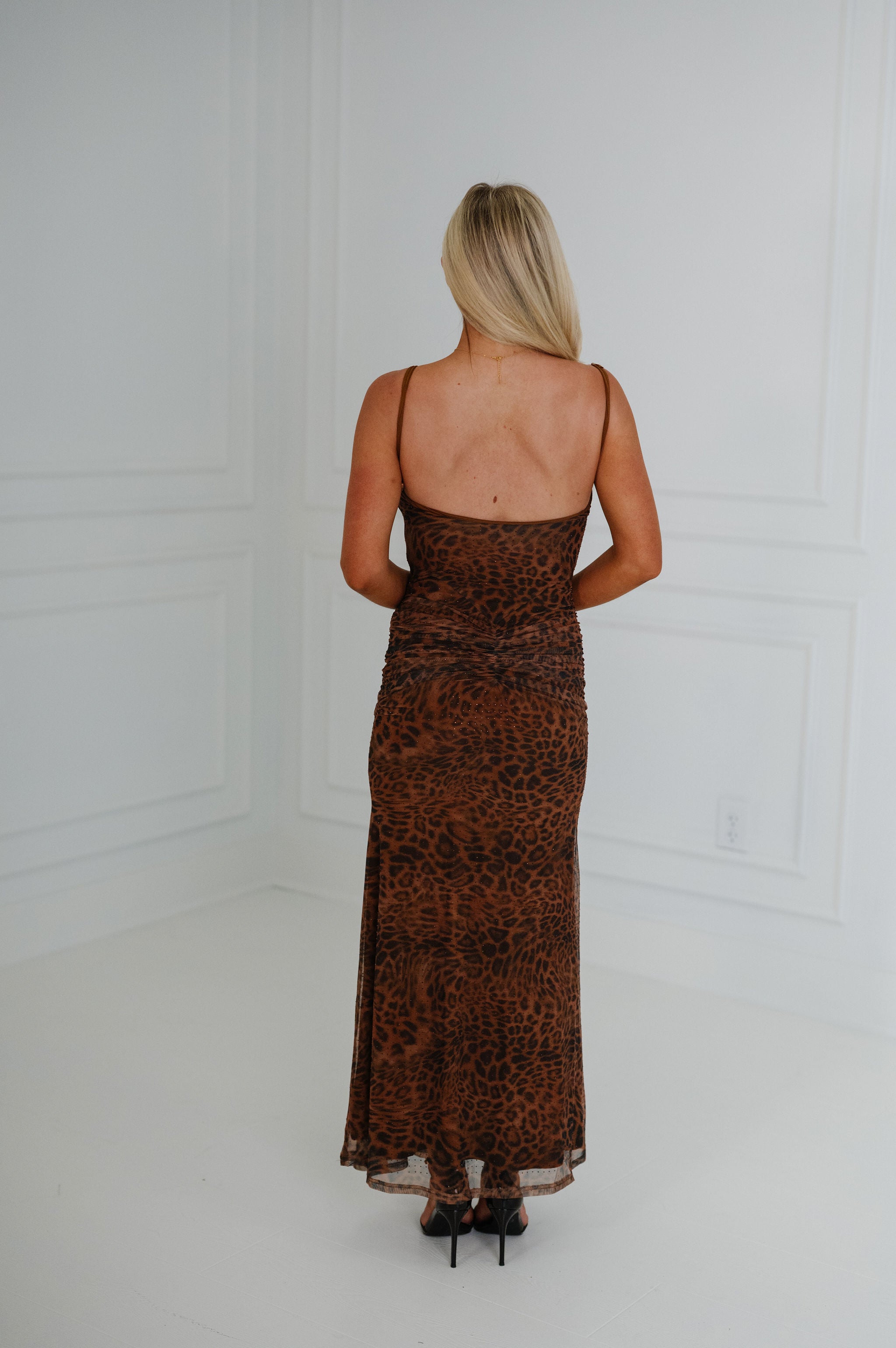 Leopard Mesh Maxi Dress-Brown