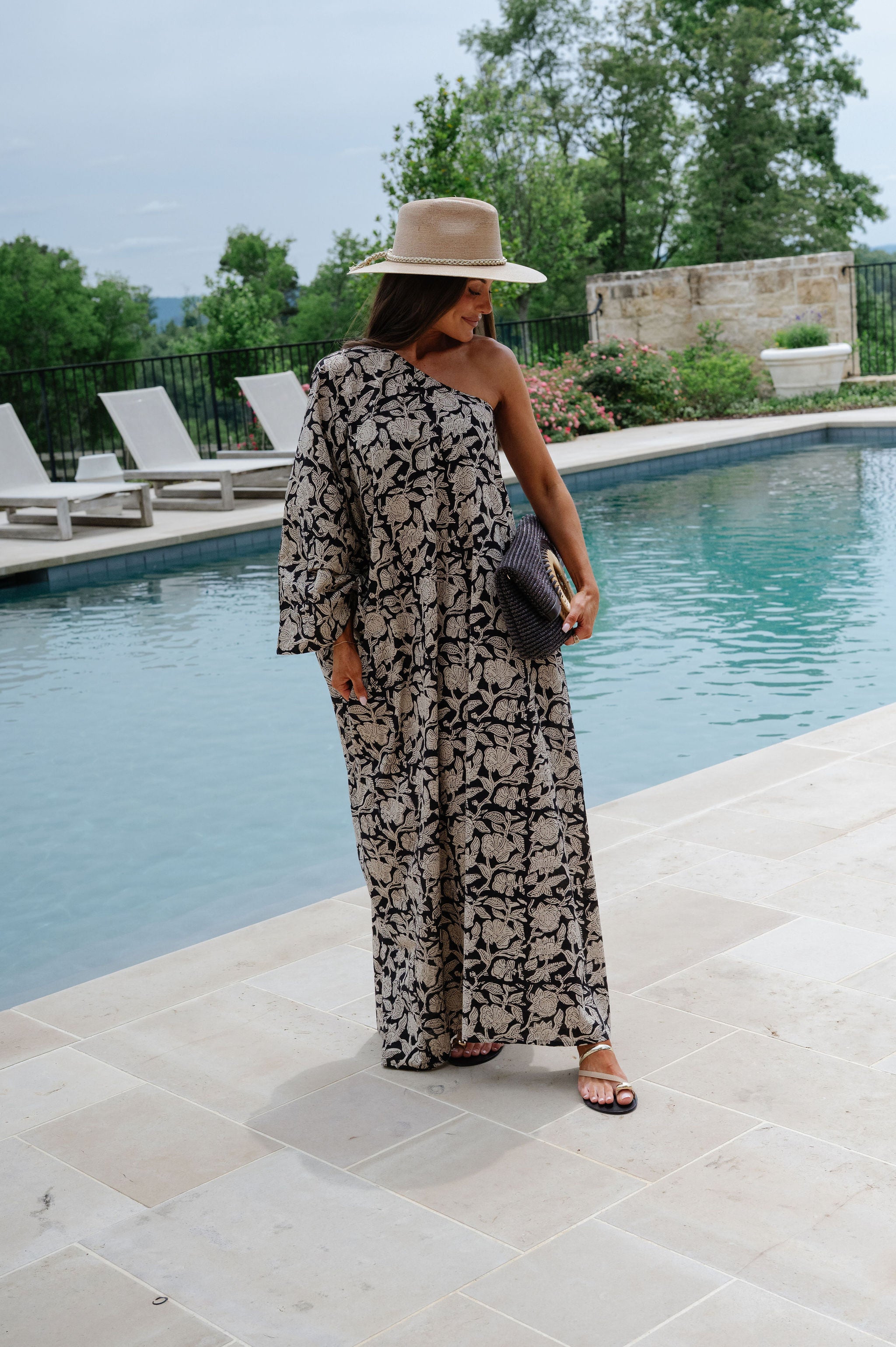 Tulum One Shoulder Maxi-Black/Cream Floral