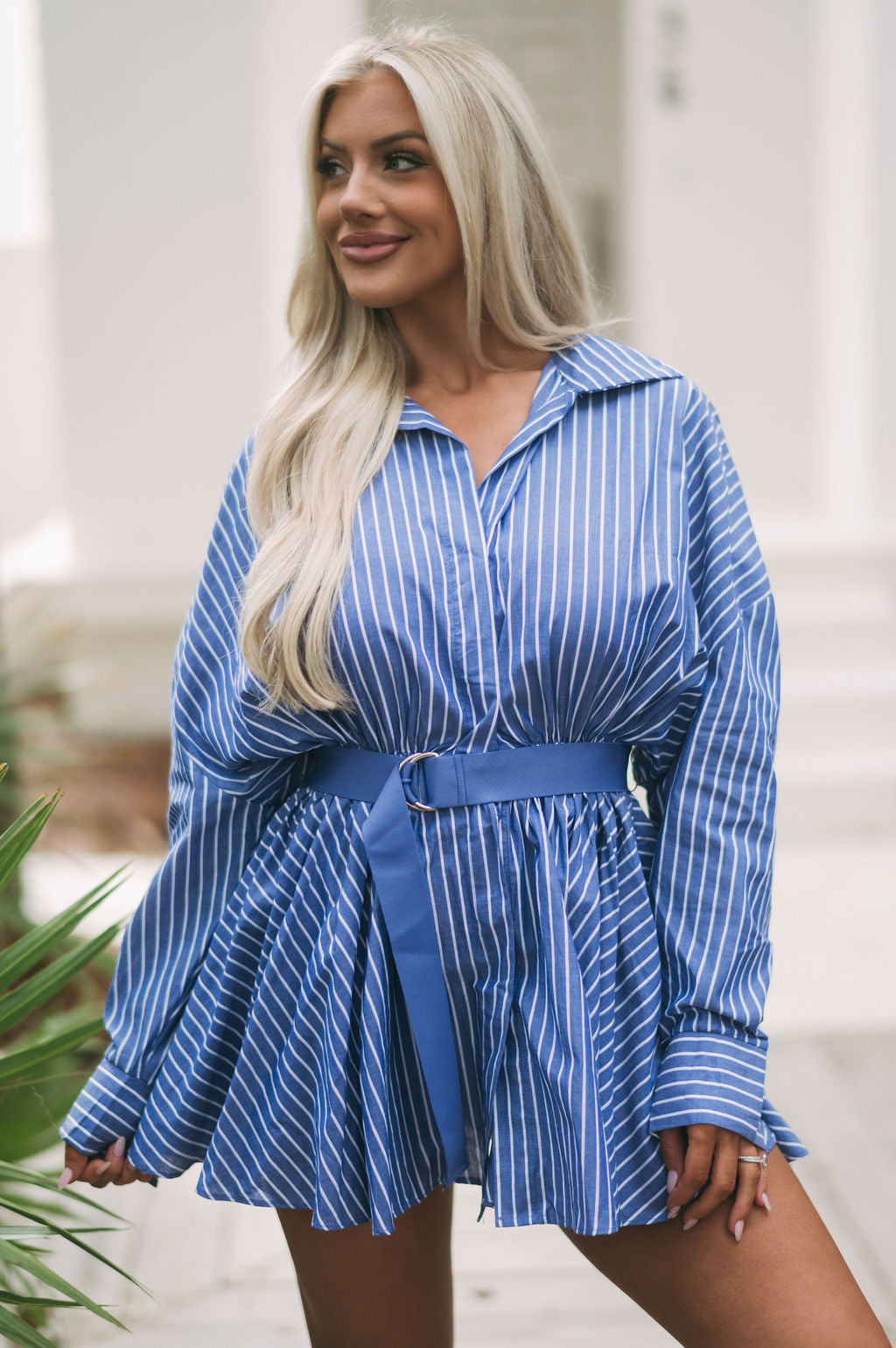 Remi Belted Collar Dress- Blue/White// PETITE