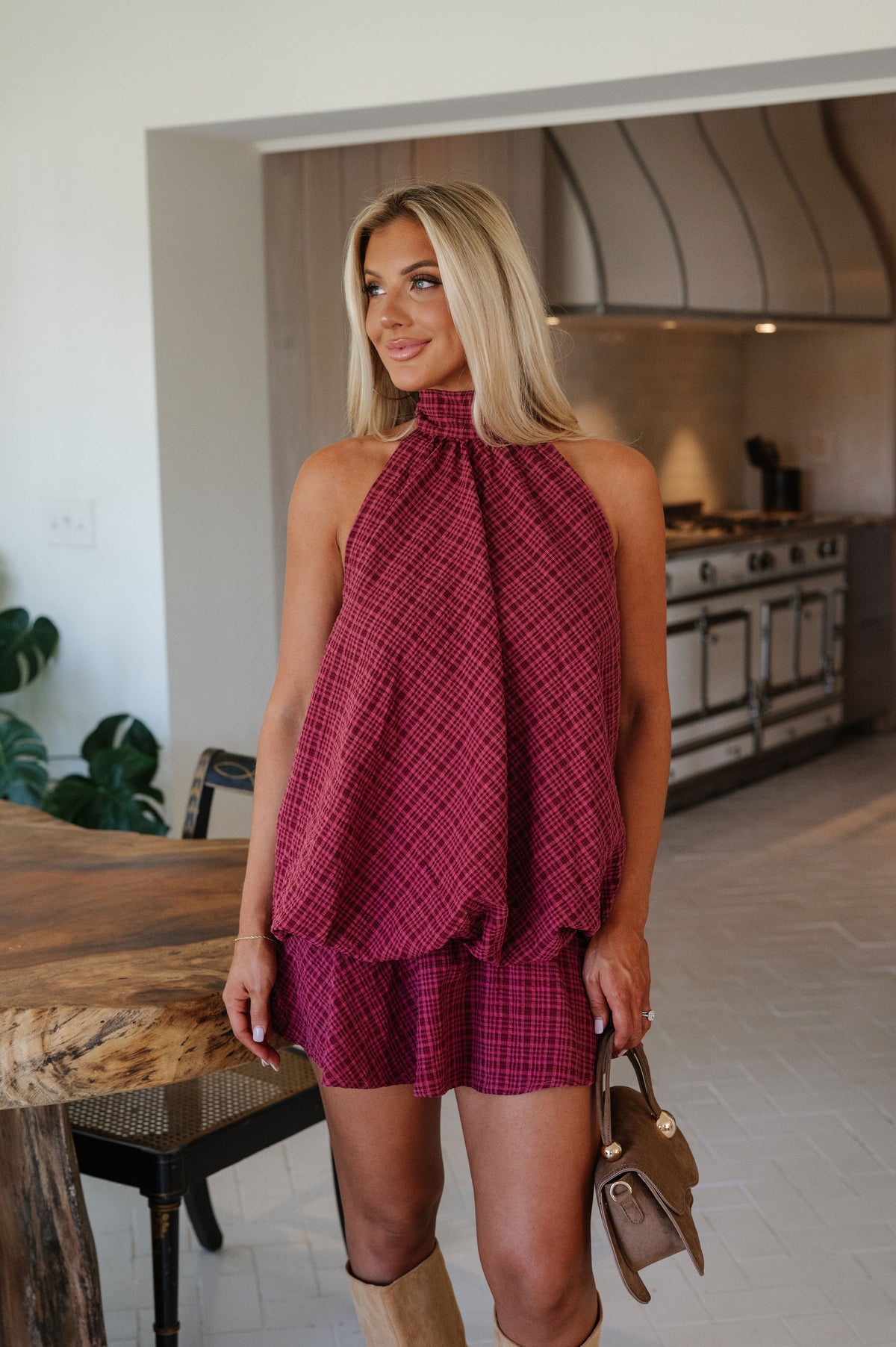 Plaid Halter Bubble Mini Dress-Burgundy