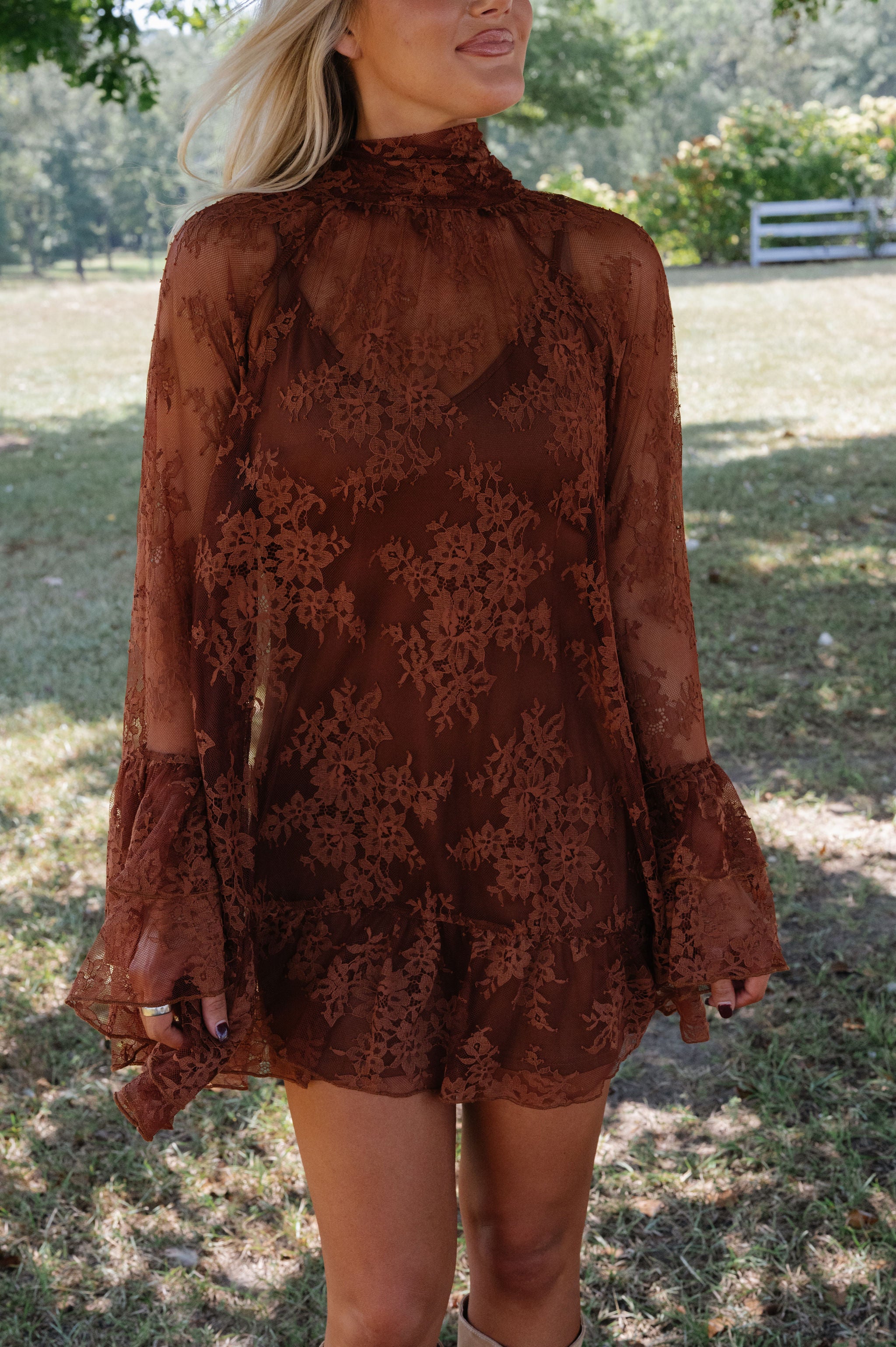 Lace Floral Ruffled Mini Dress-Chestnut