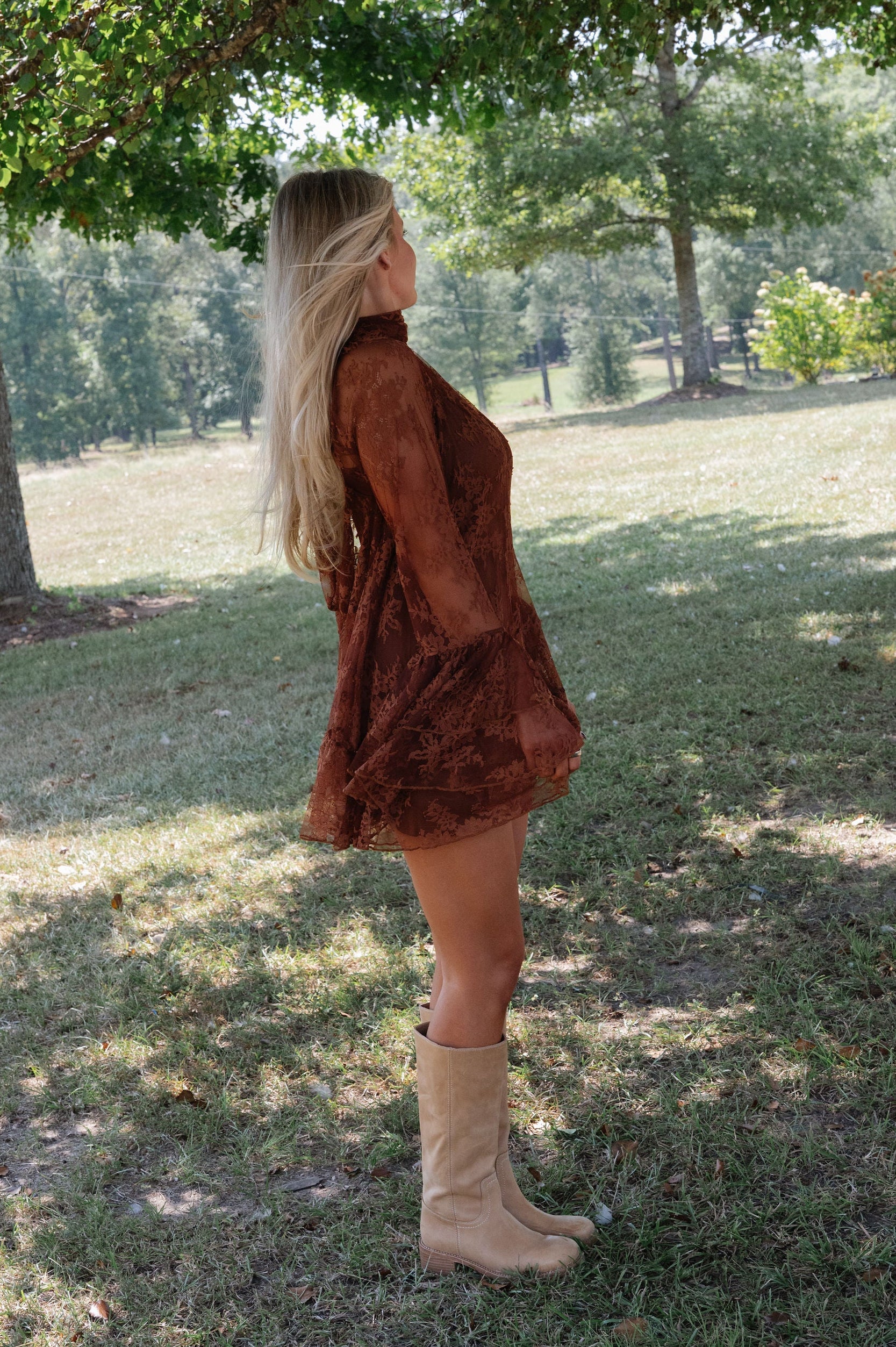 Lace Floral Ruffled Mini Dress-Chestnut