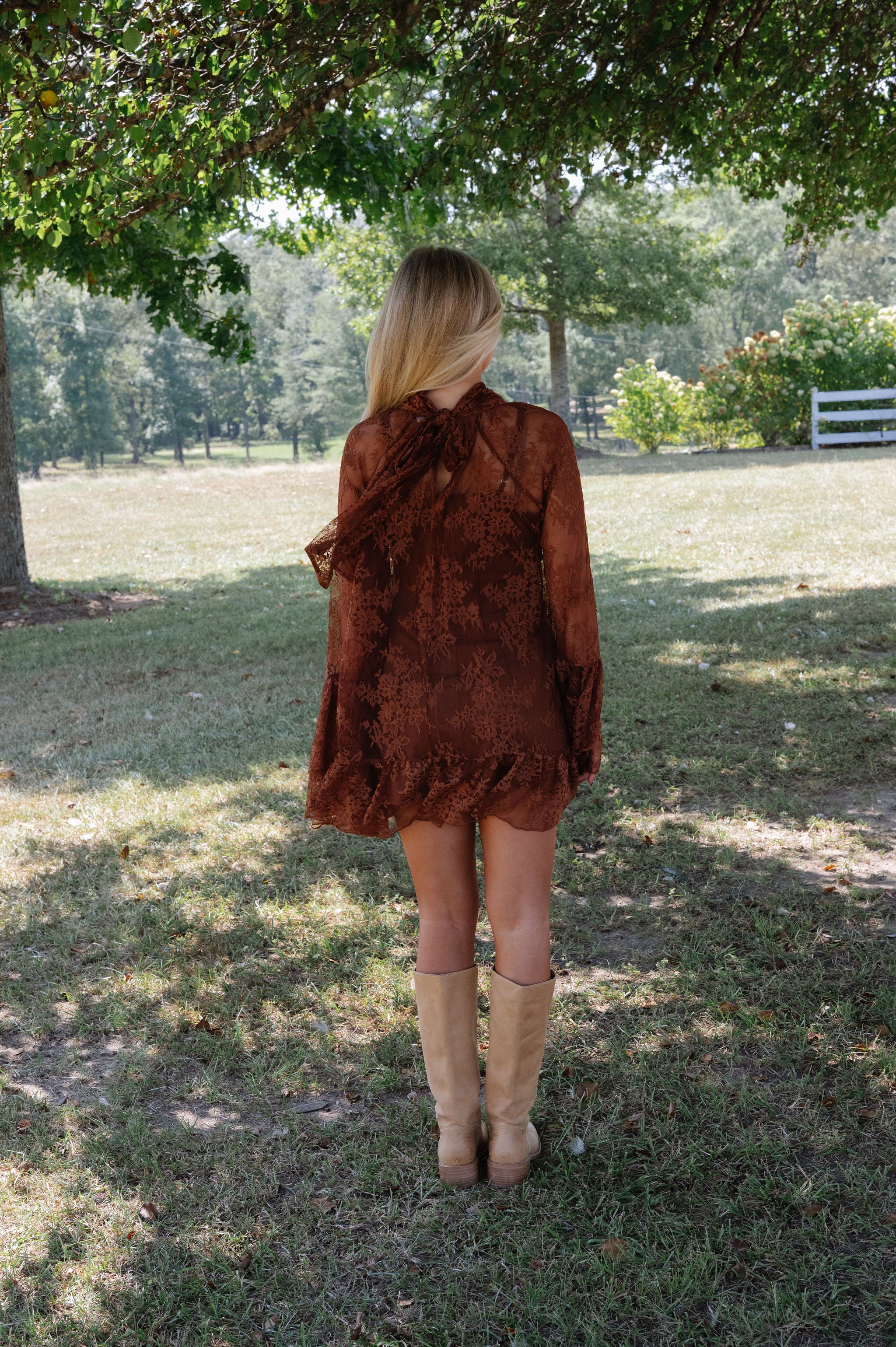 Lace Floral Ruffled Mini Dress-Chestnut