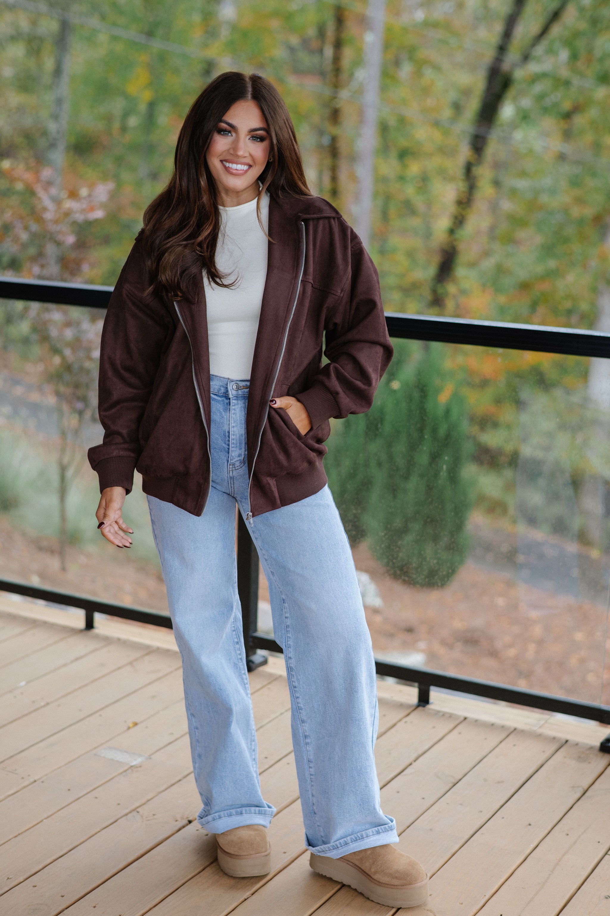 Harper Faux Suede Bomber Jacket-Dark Brown