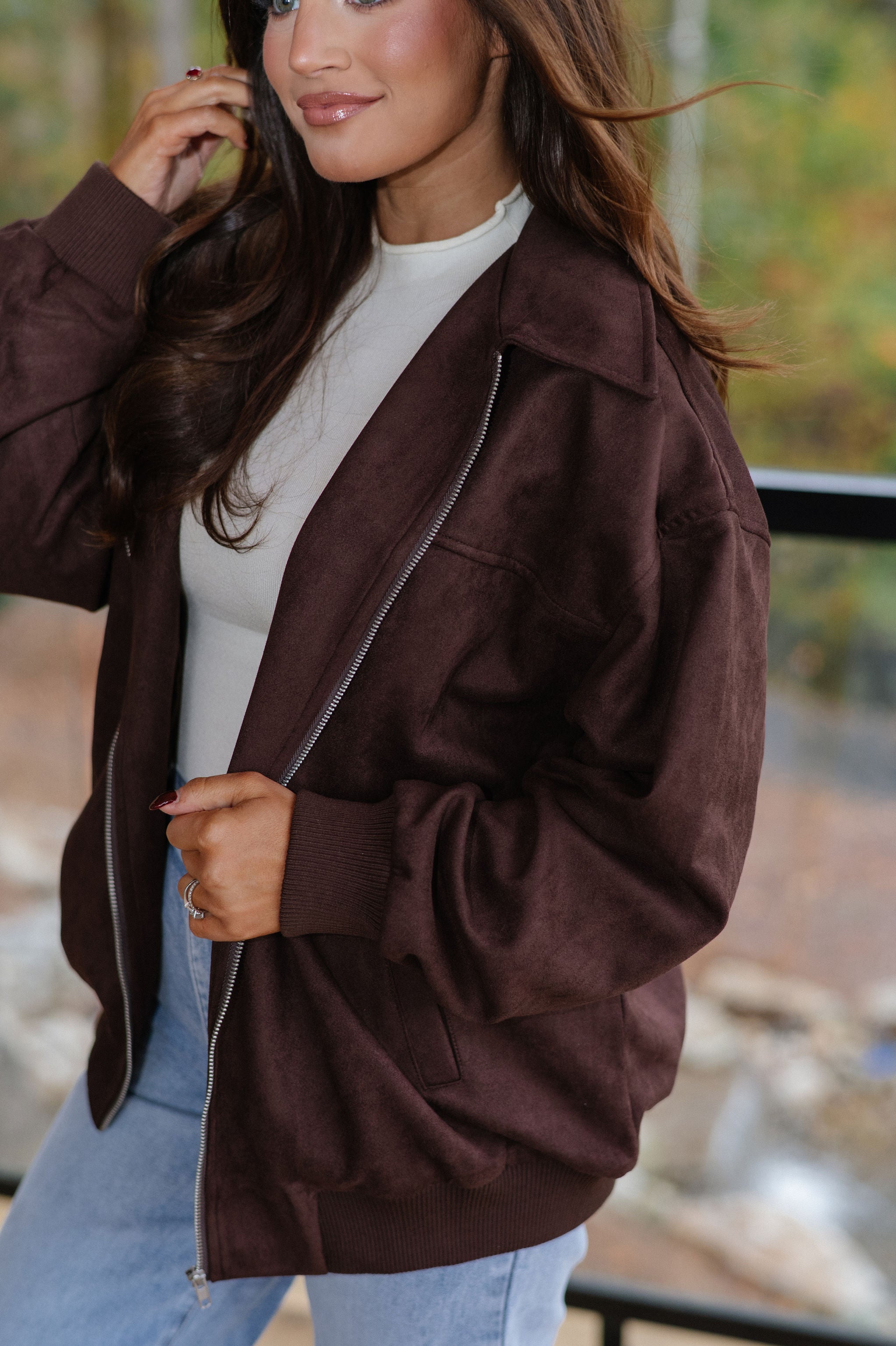 Harper Faux Suede Bomber Jacket-Dark Brown